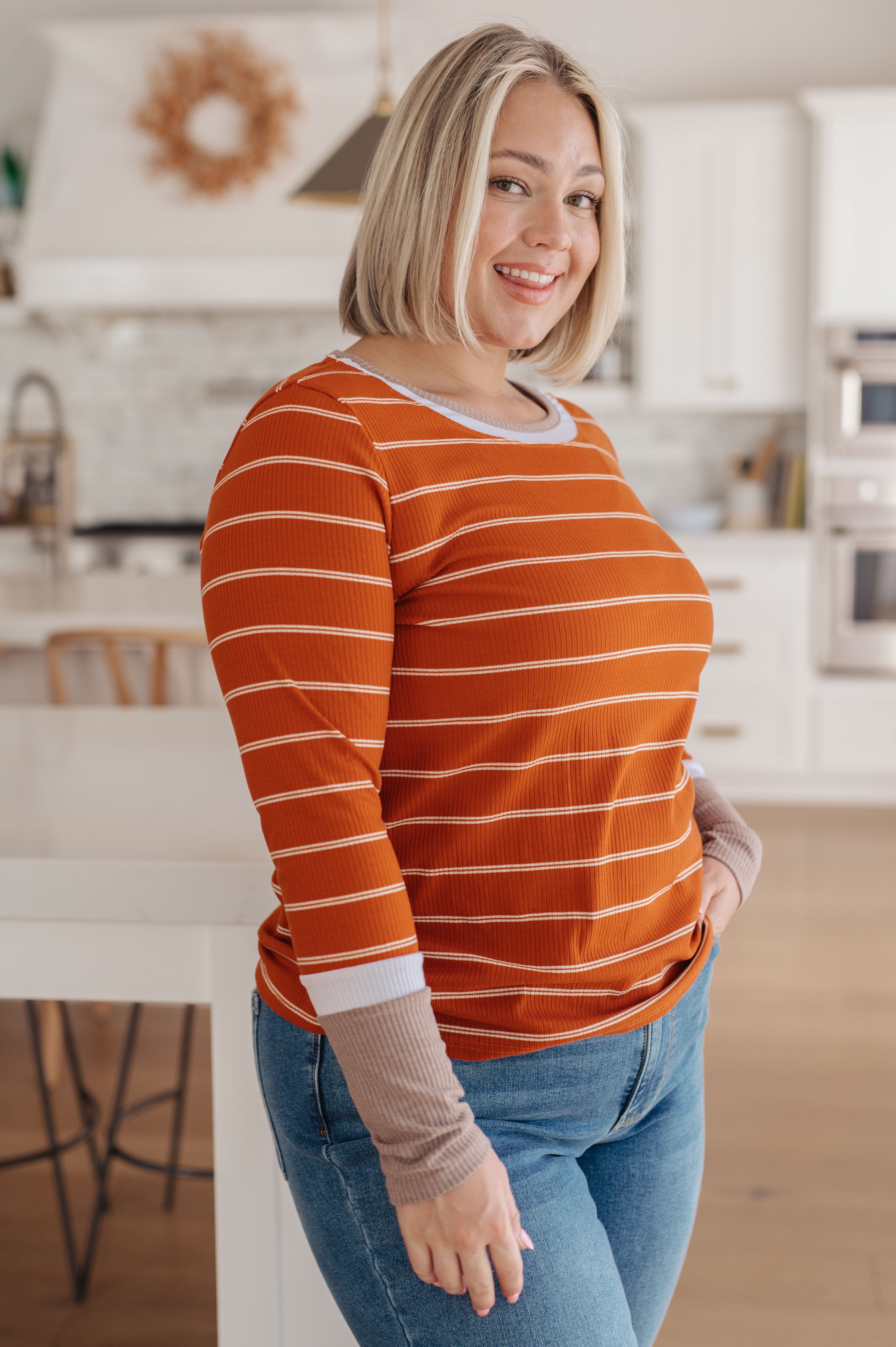 One Eleven North Orange Stripe Long Sleeve Tee Tops