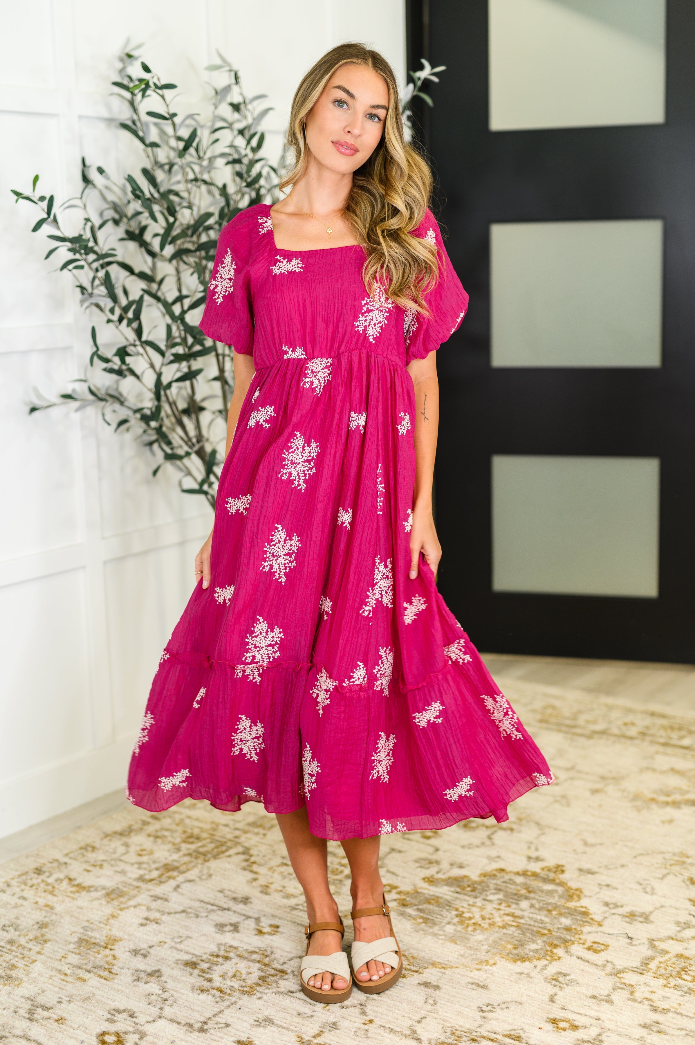 Polagram Twirl in Bloom Square Neck Dress in Hot Pink Womens