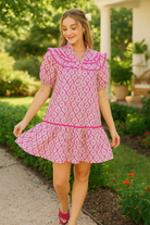 Umgee Hot Pink Abstract Printed Ruffle Trim Puff Sleeve Mini Dress Red-Violet