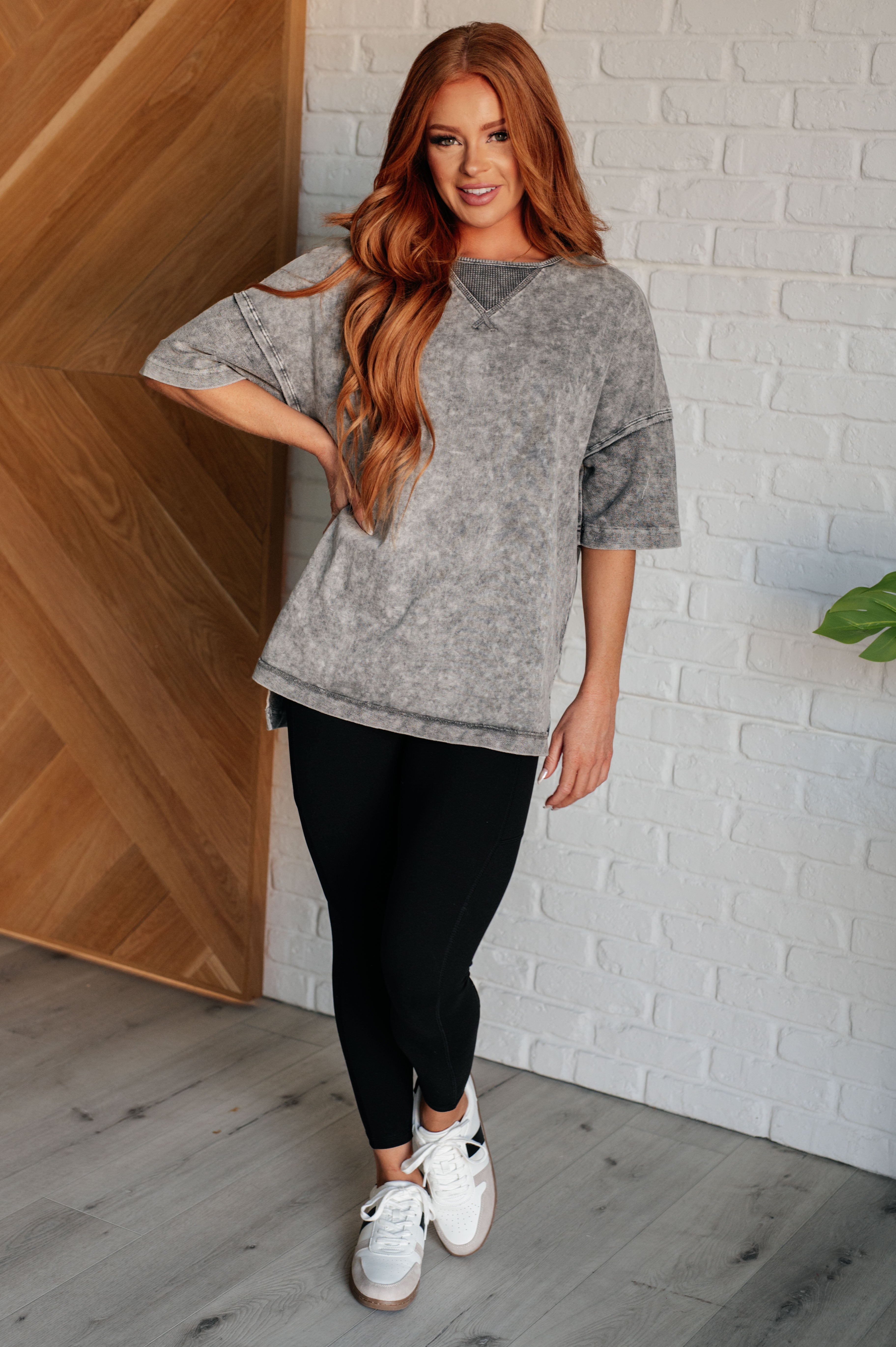 One Eleven North Unbothered Mineral Wash Top in Grey Shirts & Tops