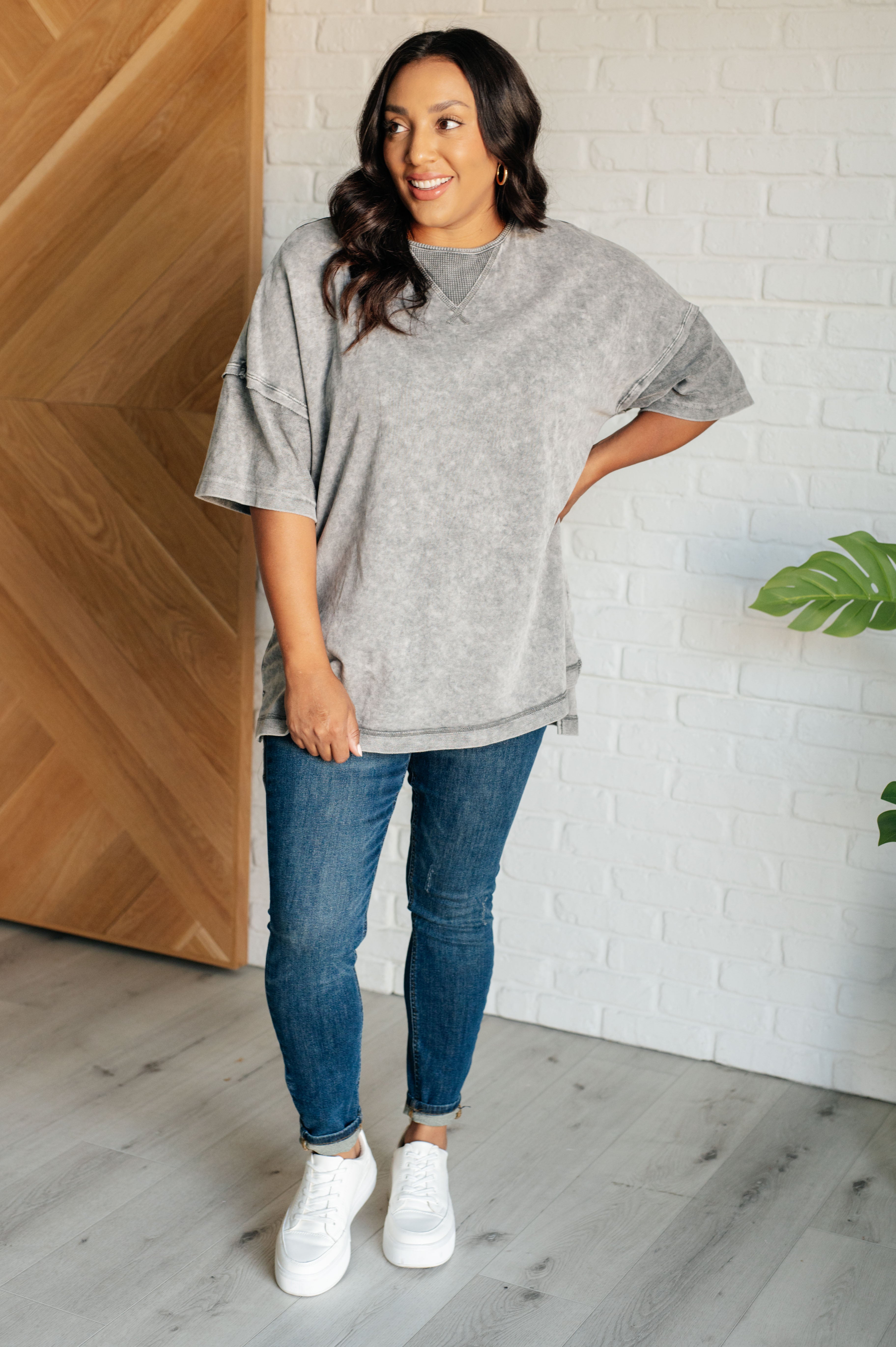 One Eleven North Unbothered Mineral Wash Top in Grey Shirts & Tops