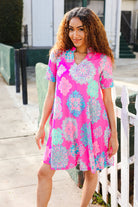 Hayzel Hot Pink Abstract Print Frill Notch Neck Dress