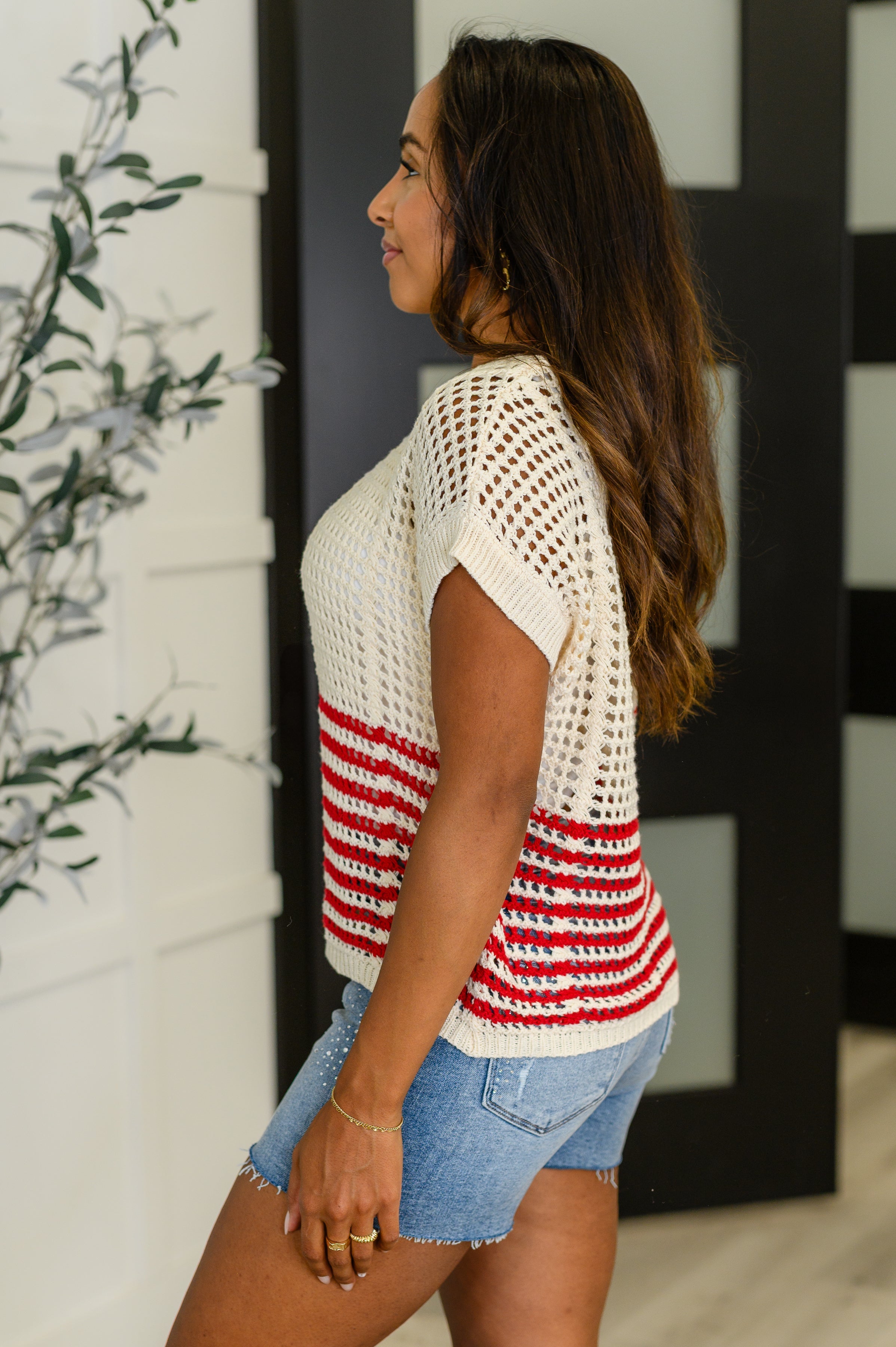 Blu Pepper Vibes Don't Lie Net Tee Red Striped Womens