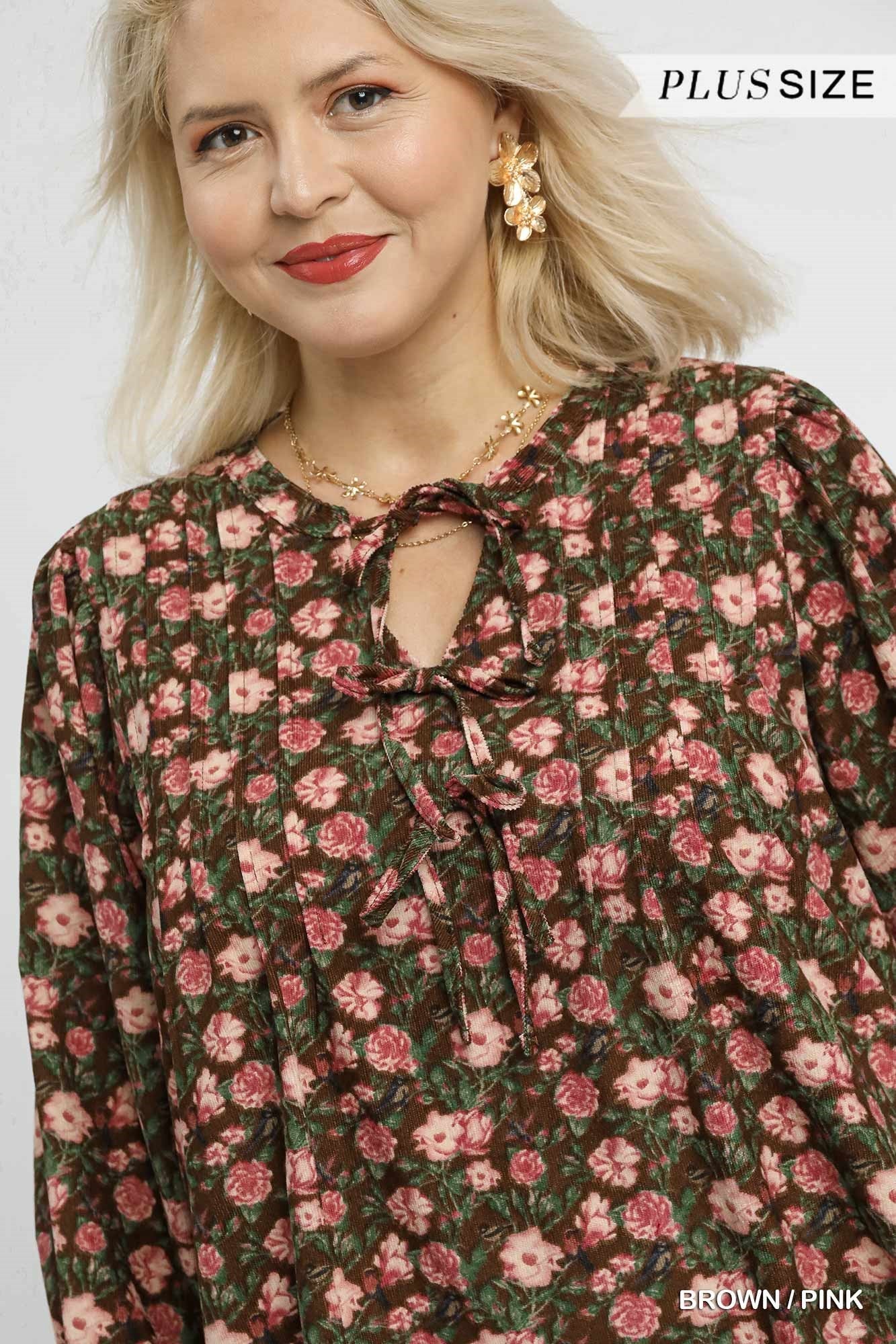 Umgee Brown & Pink Floral Tie-Neck Babydoll Dress