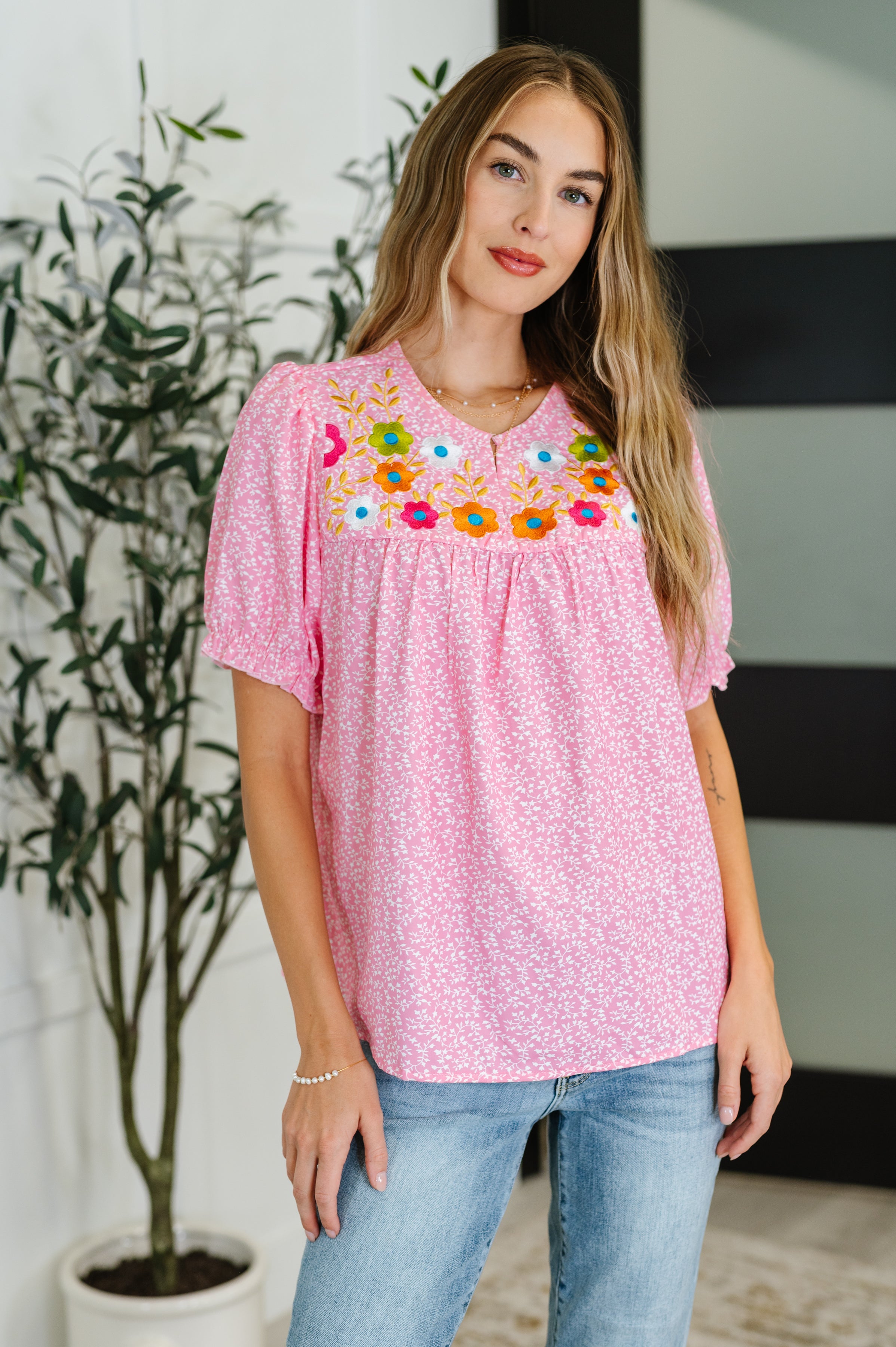 One Eleven North Wander Bloom Embroidered Puff Sleeve Blouse in Pink Womens