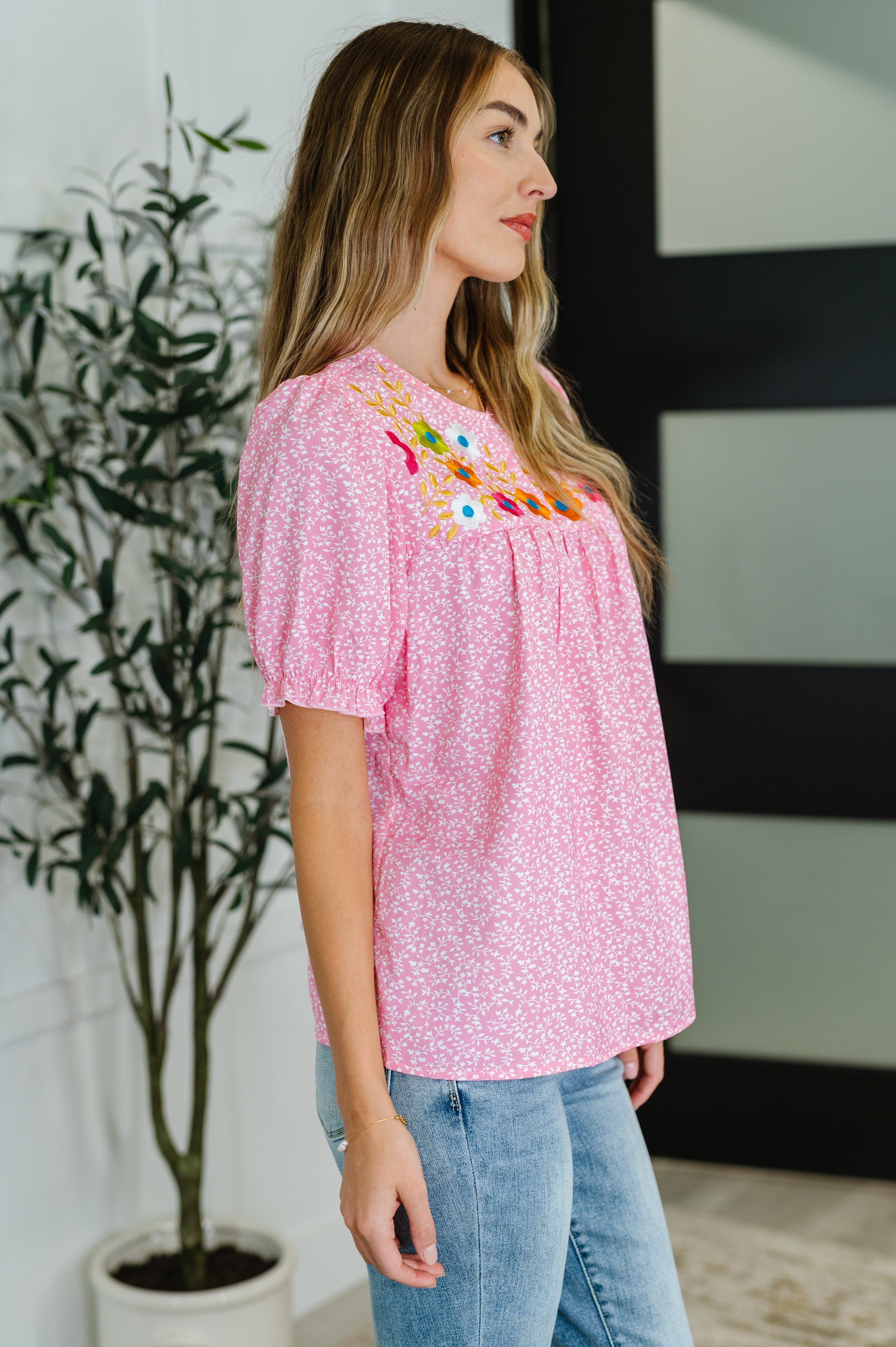 One Eleven North Wander Bloom Embroidered Puff Sleeve Blouse in Pink Womens