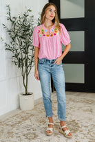 One Eleven North Wander Bloom Embroidered Puff Sleeve Blouse in Pink Womens