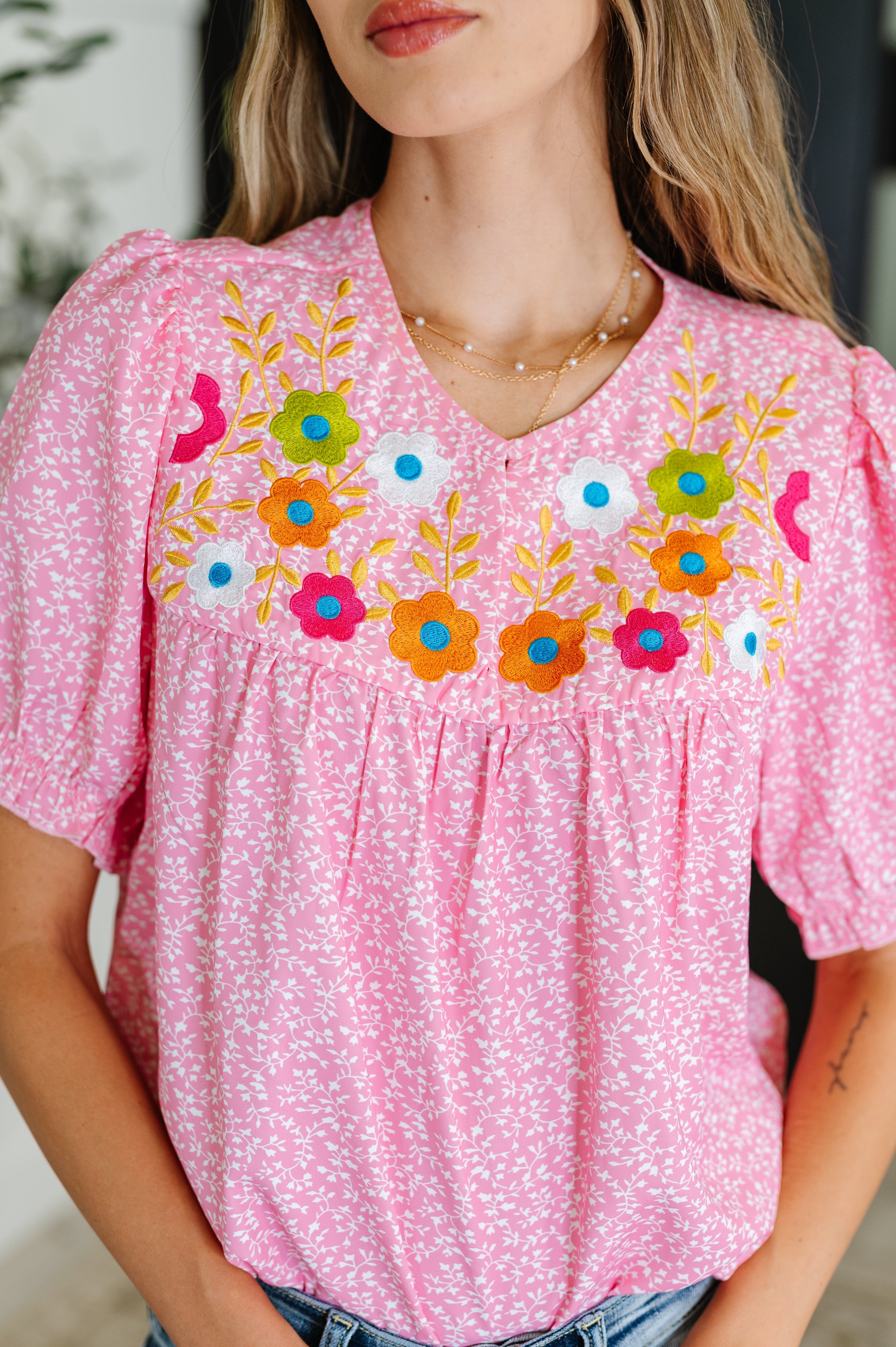 One Eleven North Wander Bloom Embroidered Puff Sleeve Blouse in Pink Womens