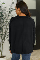 Zenana Wander & Rest Cable Ribbed Knit Drop Shoulder Top in Black Womens