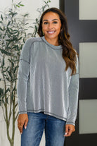 Zenana Wander & Rest Cable Ribbed Knit Drop Shoulder Top in Black/White Womens