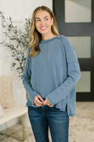 Zenana Wander & Rest Cable Ribbed Knit Drop Shoulder Top in Dusty Blue Womens