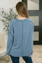 Zenana Wander & Rest Cable Ribbed Knit Drop Shoulder Top in Dusty Blue Womens