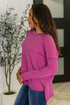 Zenana Wander & Rest Cable Ribbed Knit Drop Shoulder Top in Plum Womens