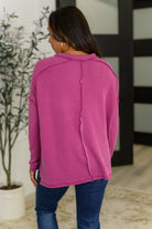 Zenana Wander & Rest Cable Ribbed Knit Drop Shoulder Top in Plum Womens