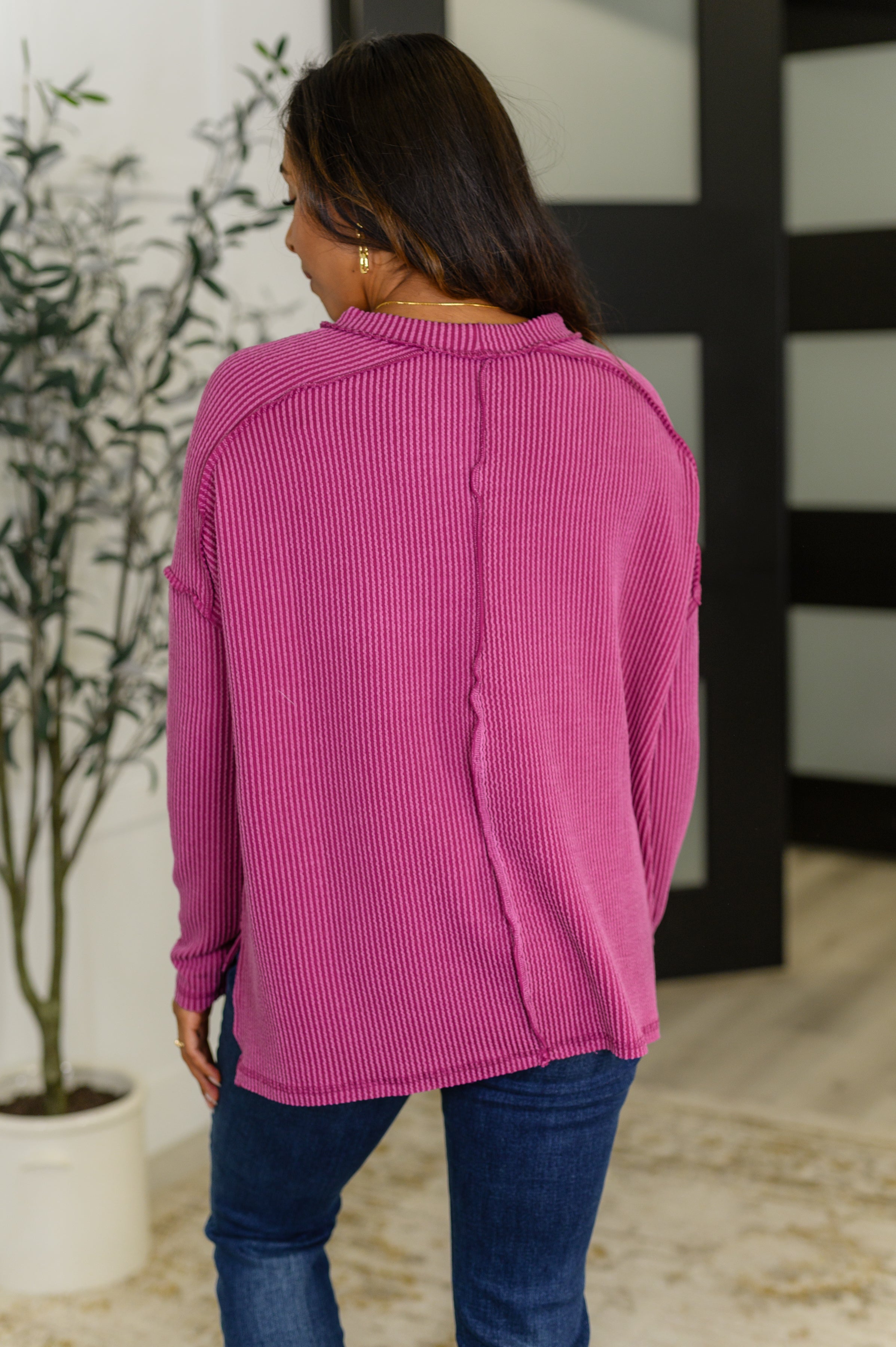 Zenana Wander & Rest Cable Ribbed Knit Drop Shoulder Top in Plum Womens