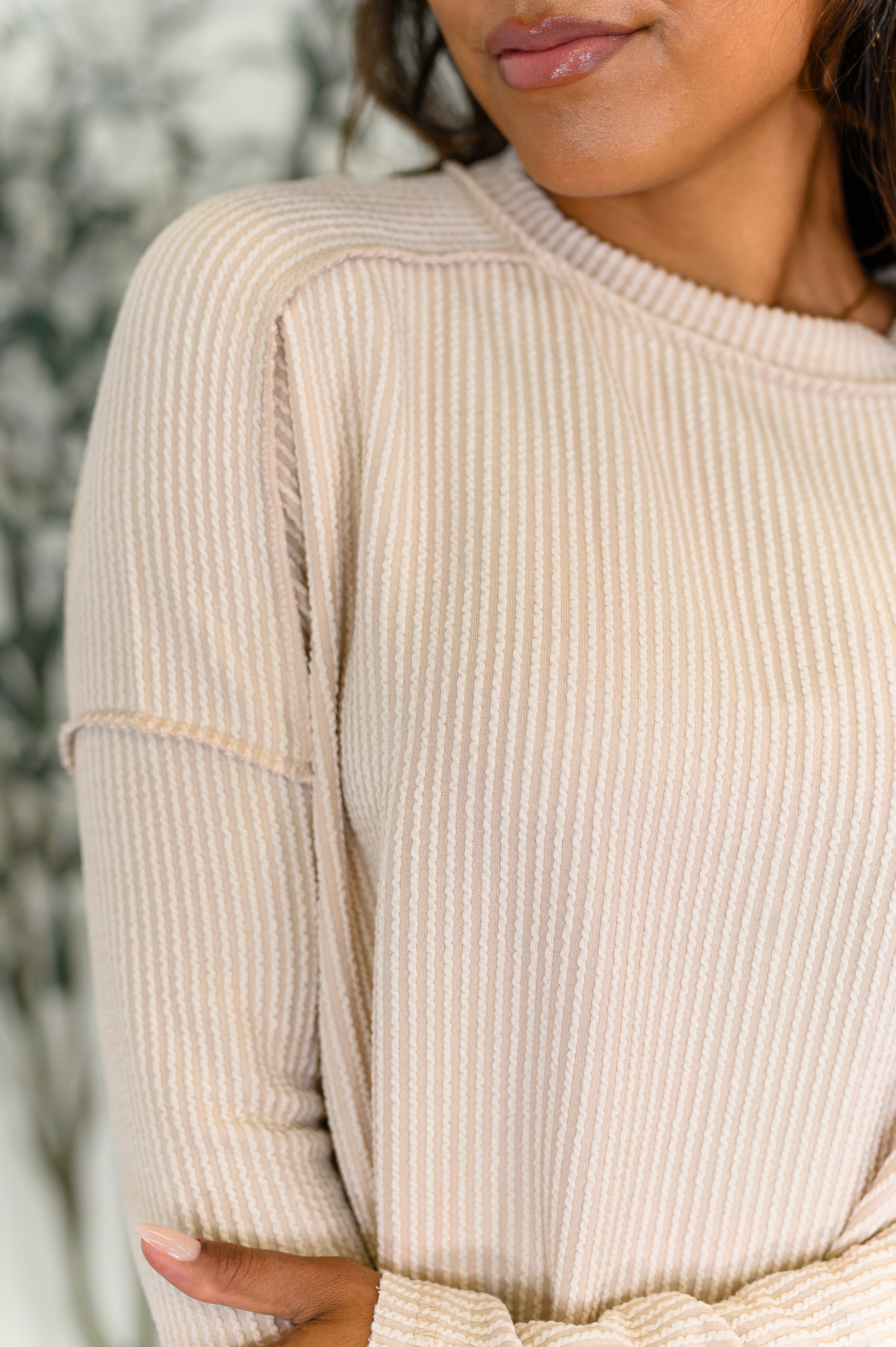 Zenana Wander & Rest Cable Ribbed Knit Drop Shoulder Top in Sand Beige Womens