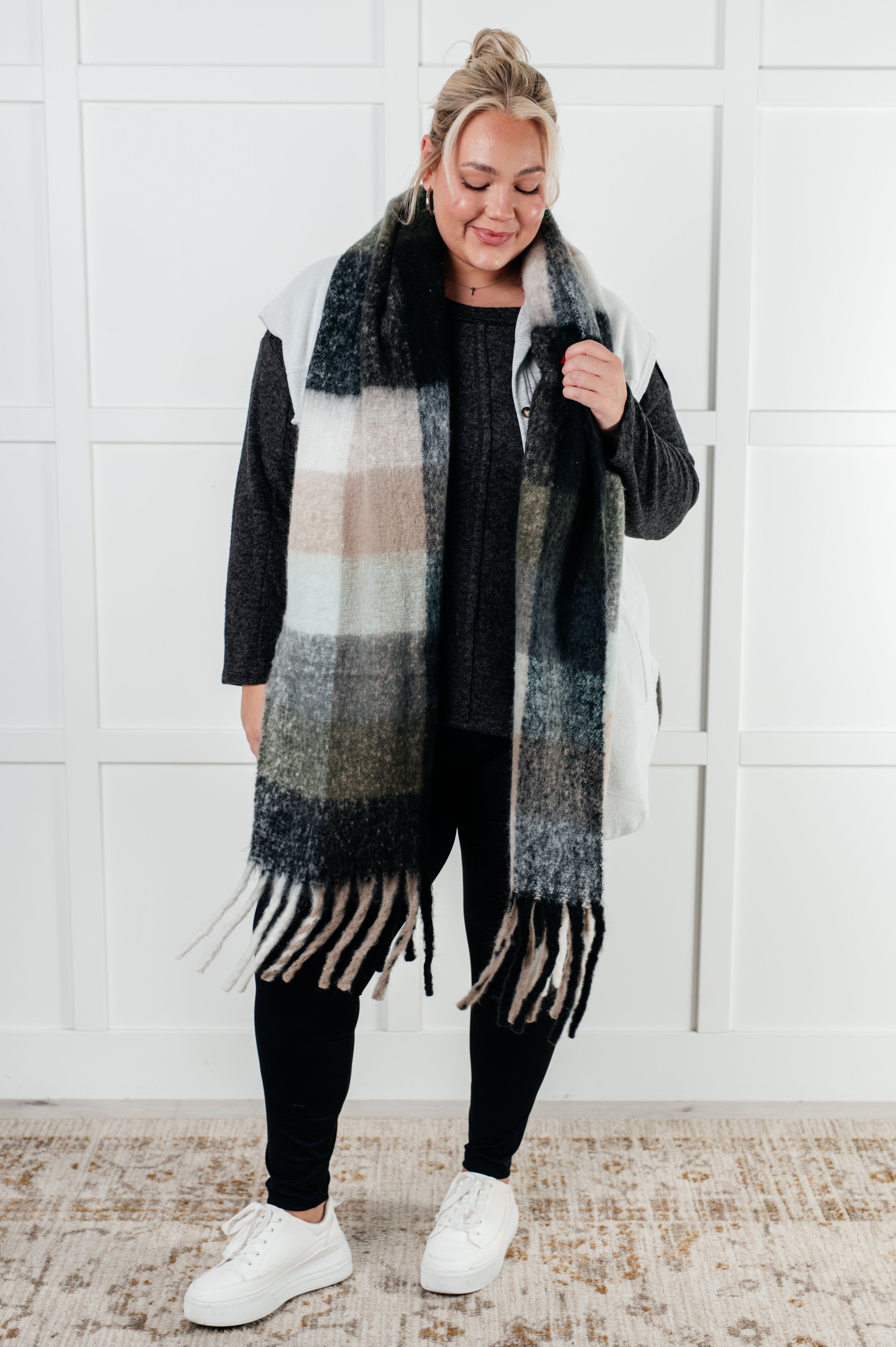Wanderlust Wrap Oversized Plaid Fringe Scarf in Grey and Jade Accessories
