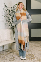 Wanderlust Wrap Oversized Plaid Fringe Scarf in Light Brown Accessories