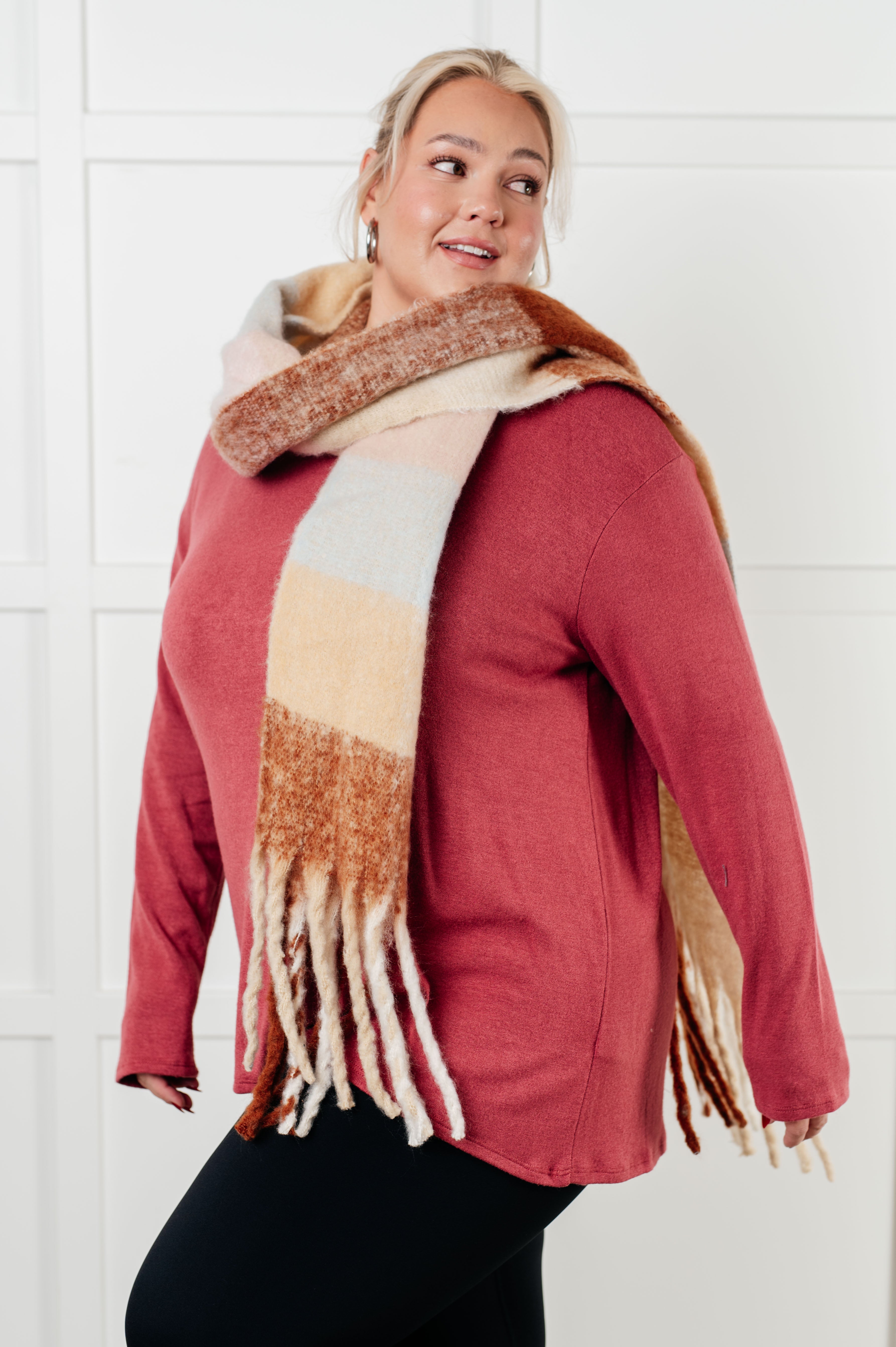 Wanderlust Wrap Oversized Plaid Fringe Scarf in Light Brown Accessories