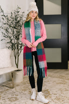 Wanderlust Wrap Oversized Plaid Fringe Scarf in Magenta and Teal Accessories