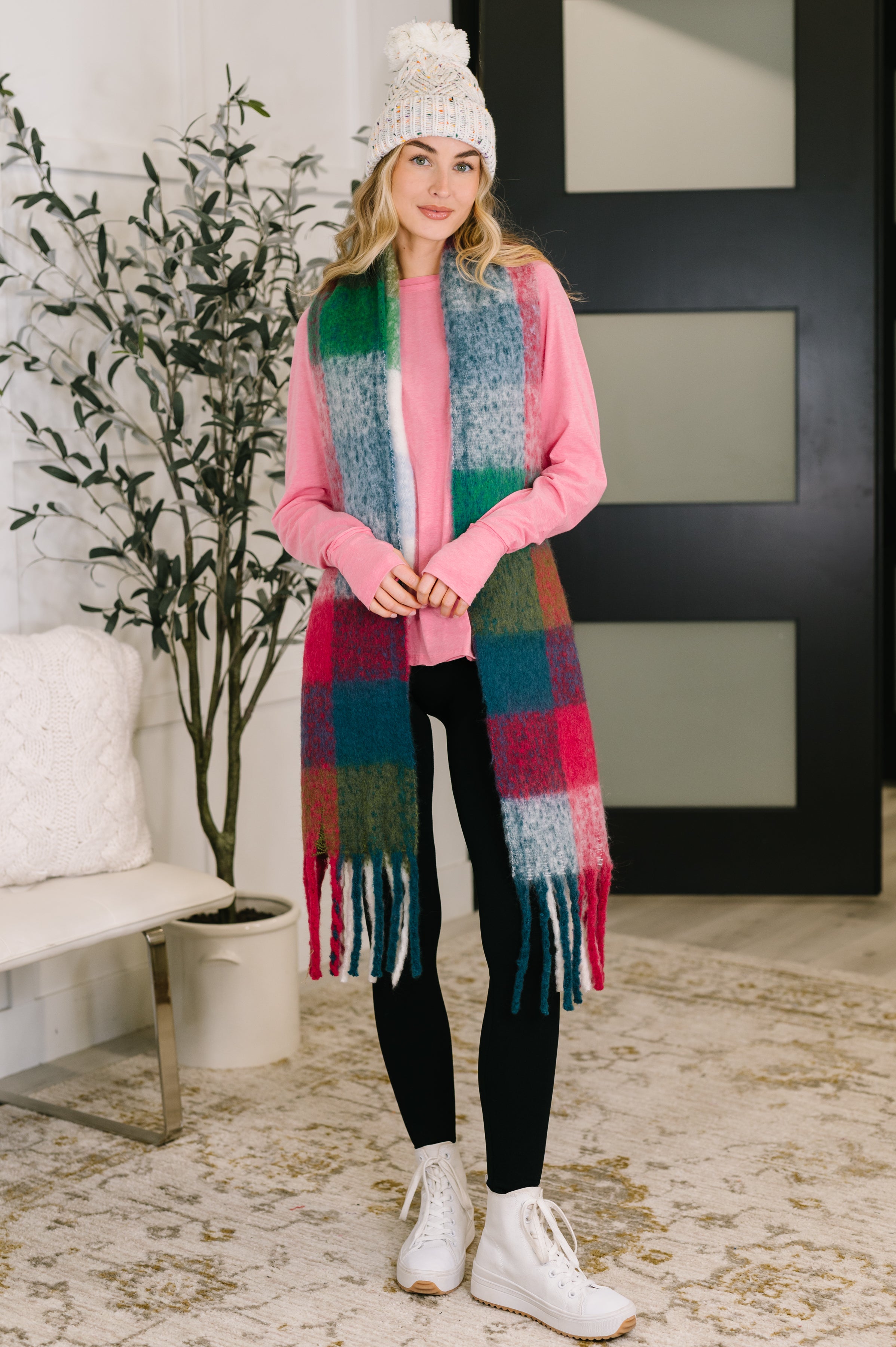 Wanderlust Wrap Oversized Plaid Fringe Scarf in Magenta and Teal Accessories
