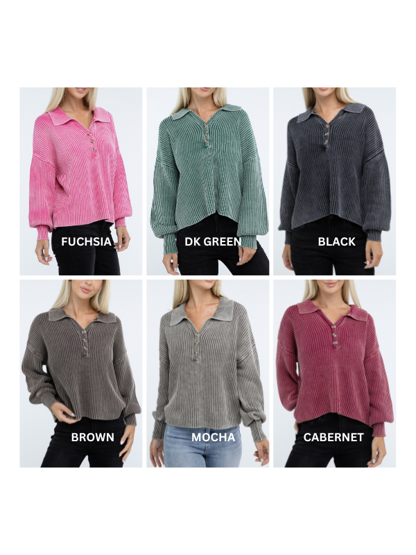 Zenana Washed Collared Henley Sweater in 6 Colors! ZENANA