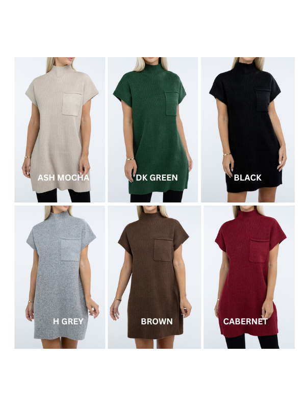 Zenana Mock Neck Short Sleeve Sweater Dress with Pocket in 6 Colors! ZENANA