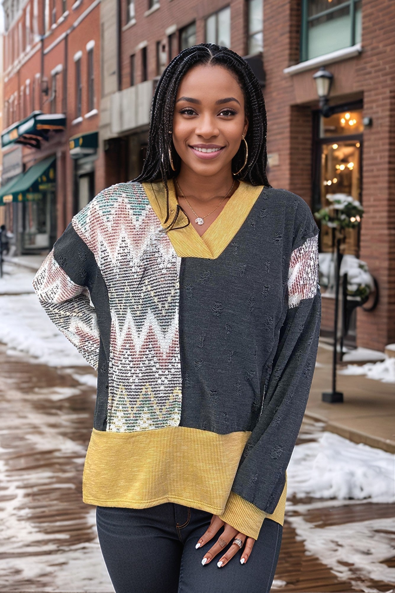 Sugarfox Wave Maker Color Block Jacquard Pullover