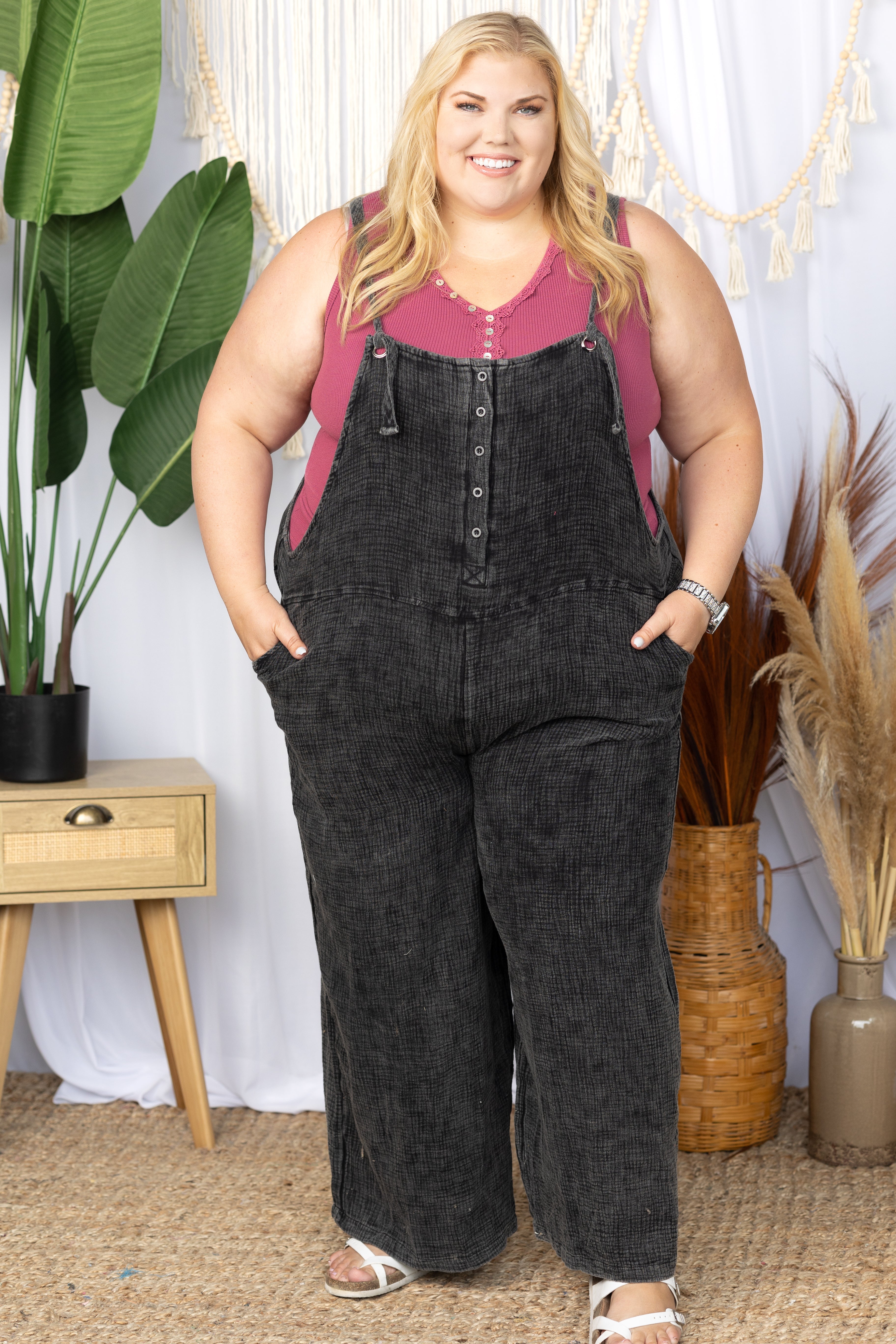 White Birch We're Jammin' Mineral Washed Overalls Boutique Simplified