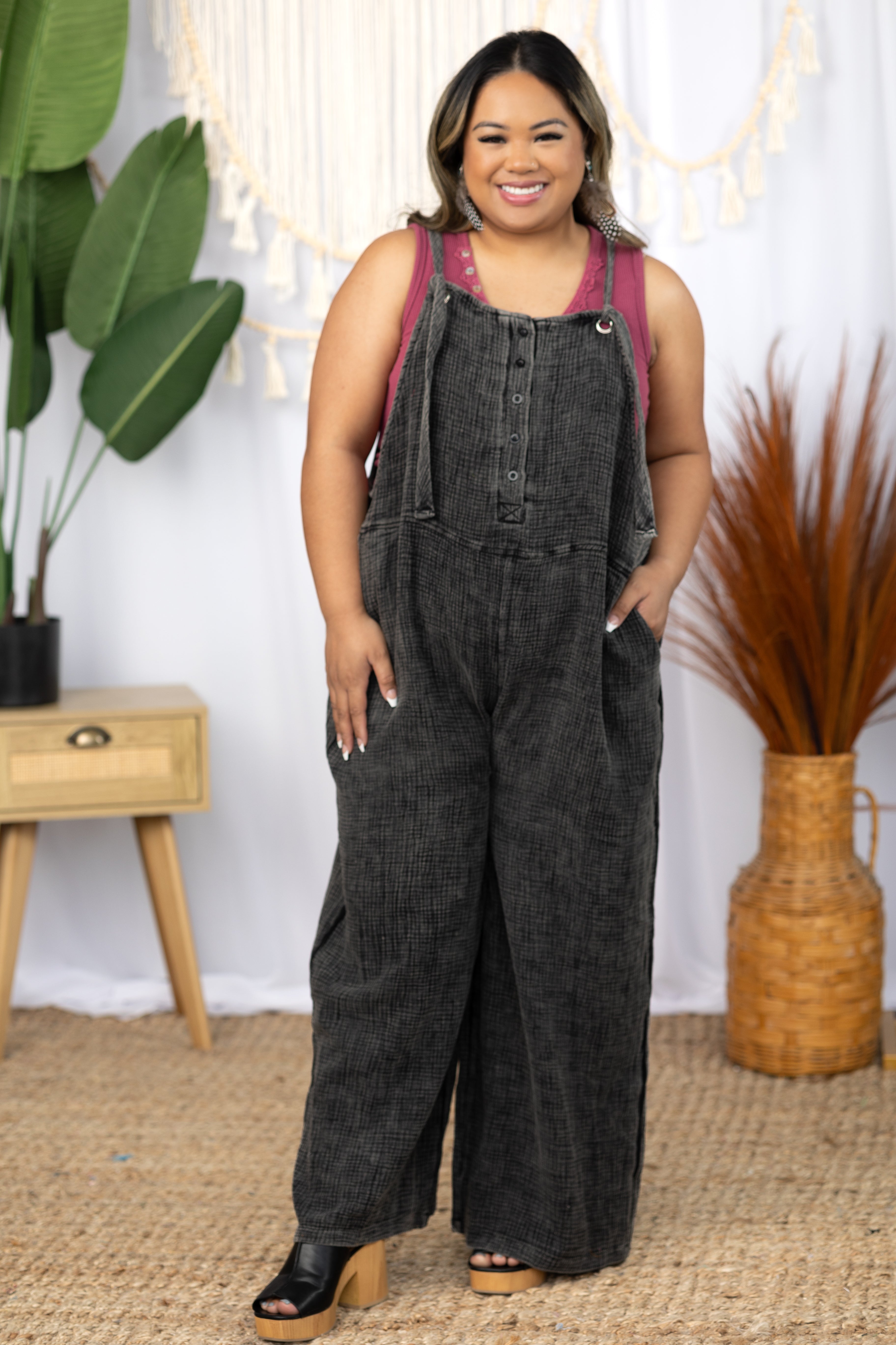 White Birch We're Jammin' Mineral Washed Overalls Boutique Simplified