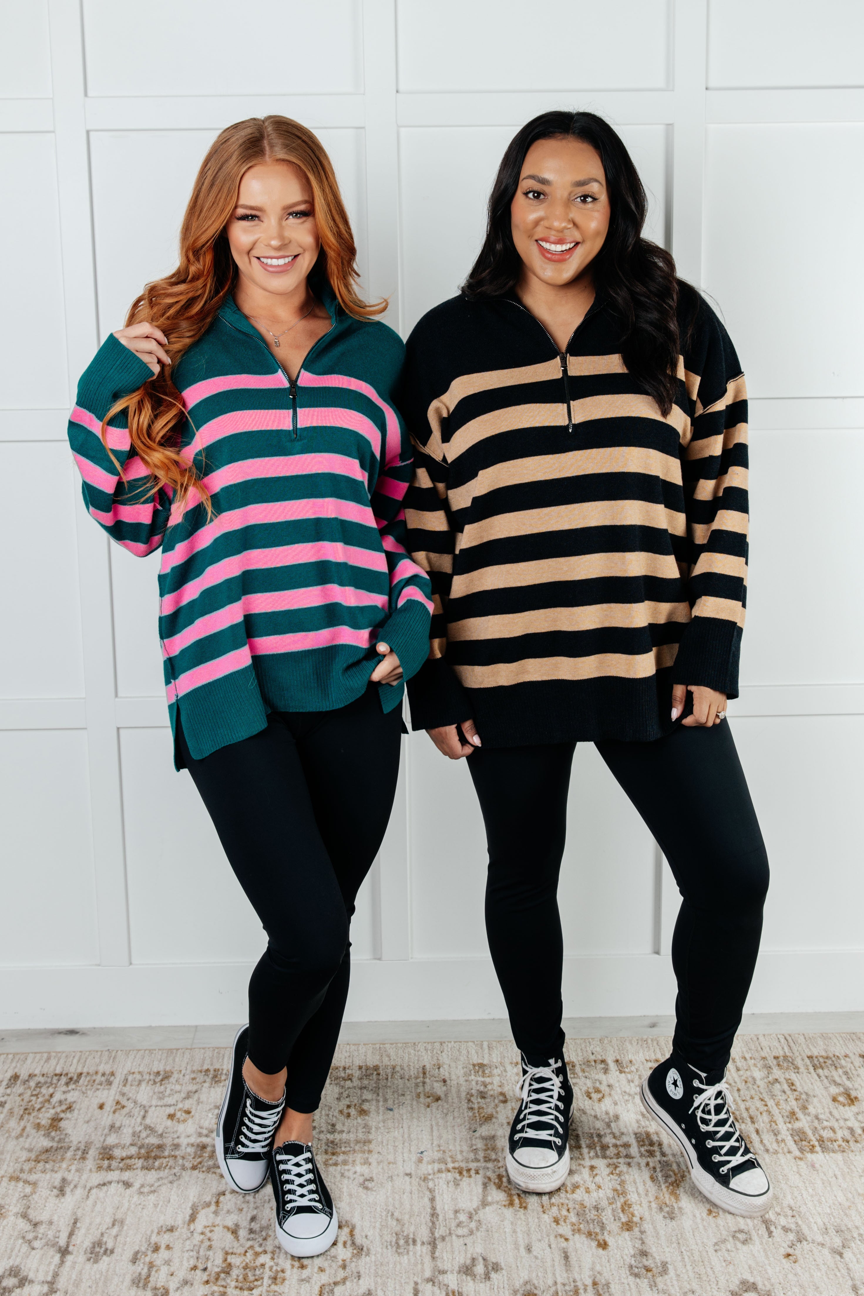 One Eleven North Well Situated Striped Quarter Zip Sweater in Green and Pink Shirts & Tops