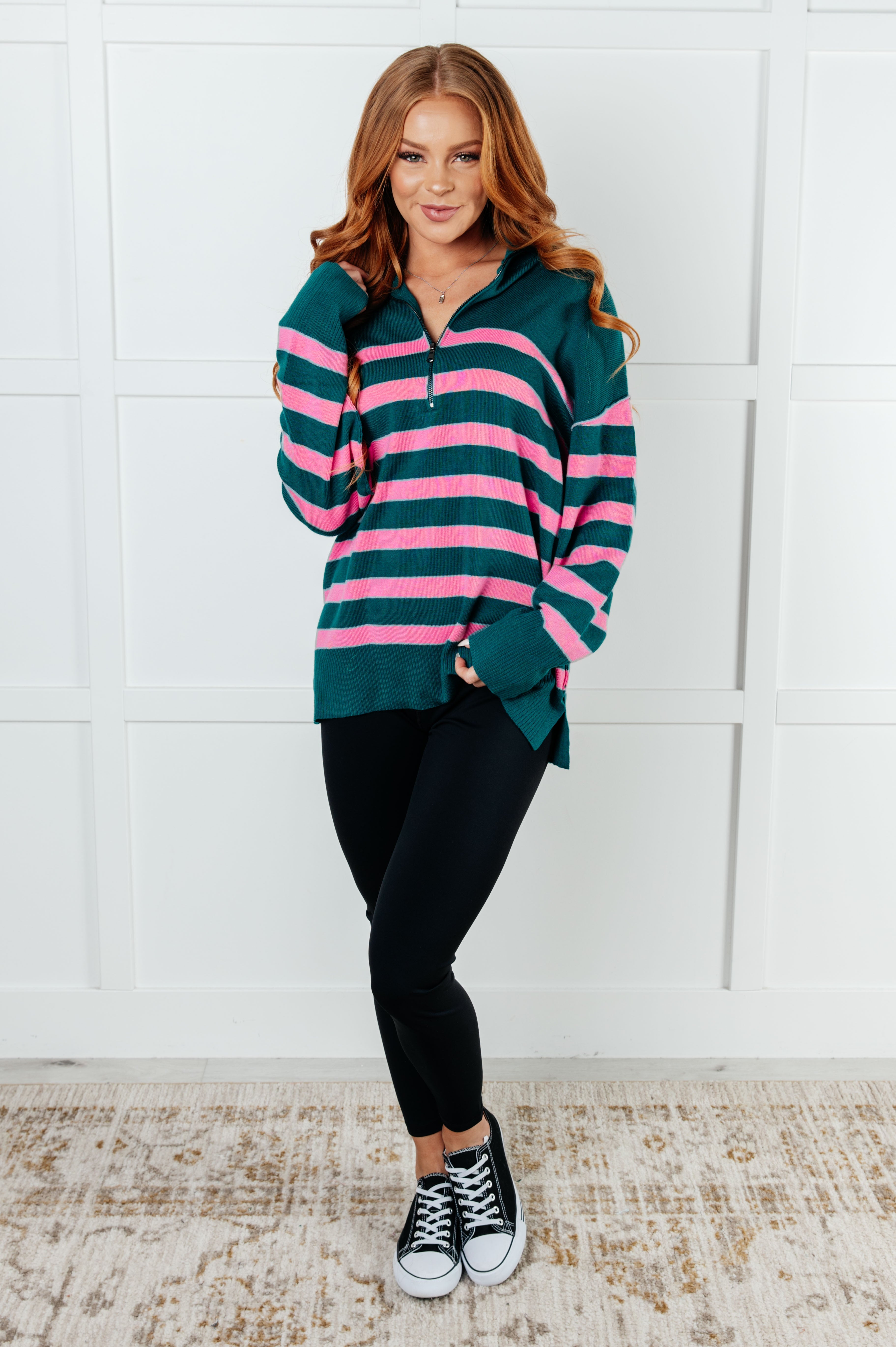 One Eleven North Well Situated Striped Quarter Zip Sweater in Green and Pink Shirts & Tops