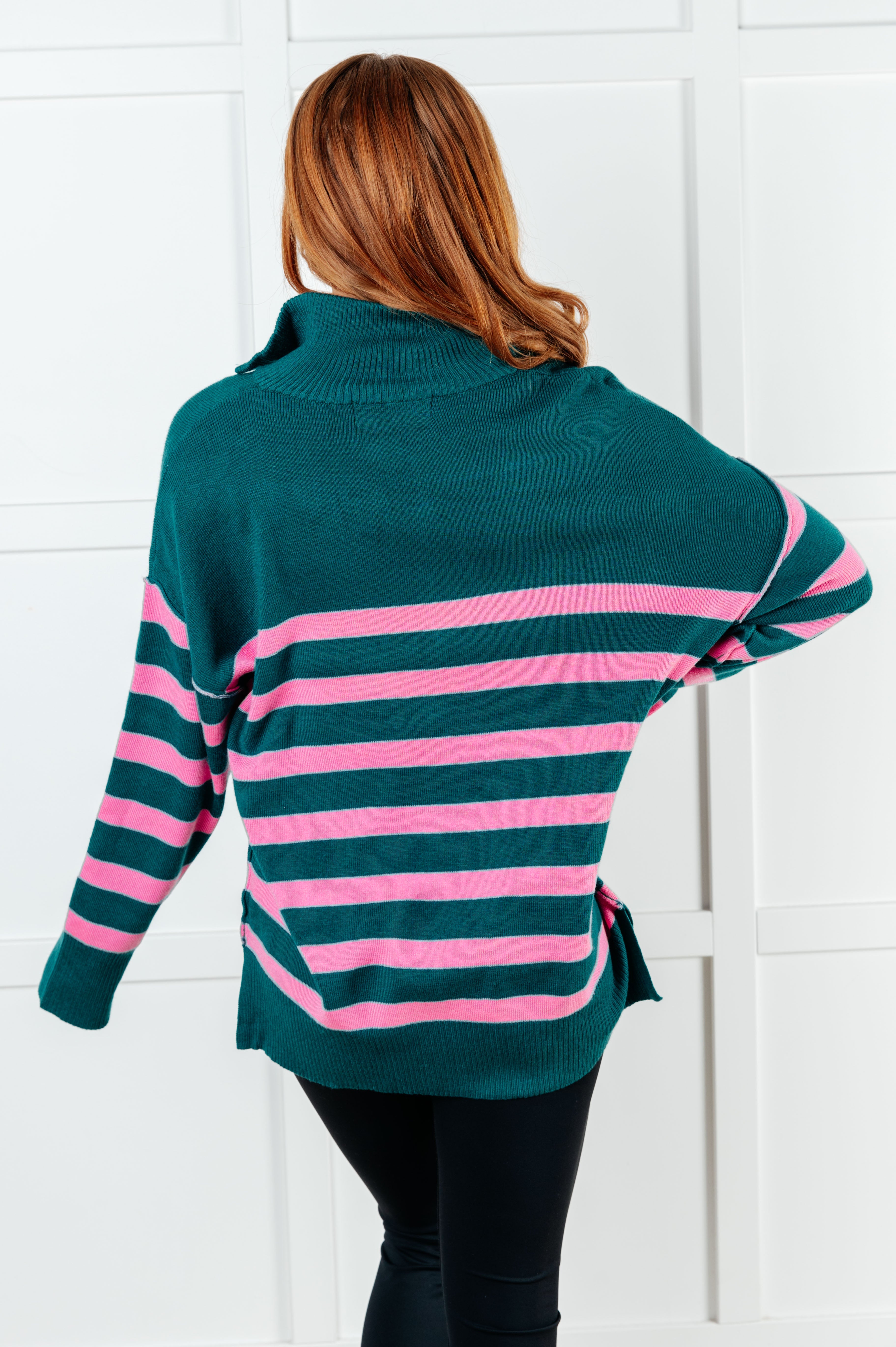 One Eleven North Well Situated Striped Quarter Zip Sweater in Green and Pink Shirts & Tops