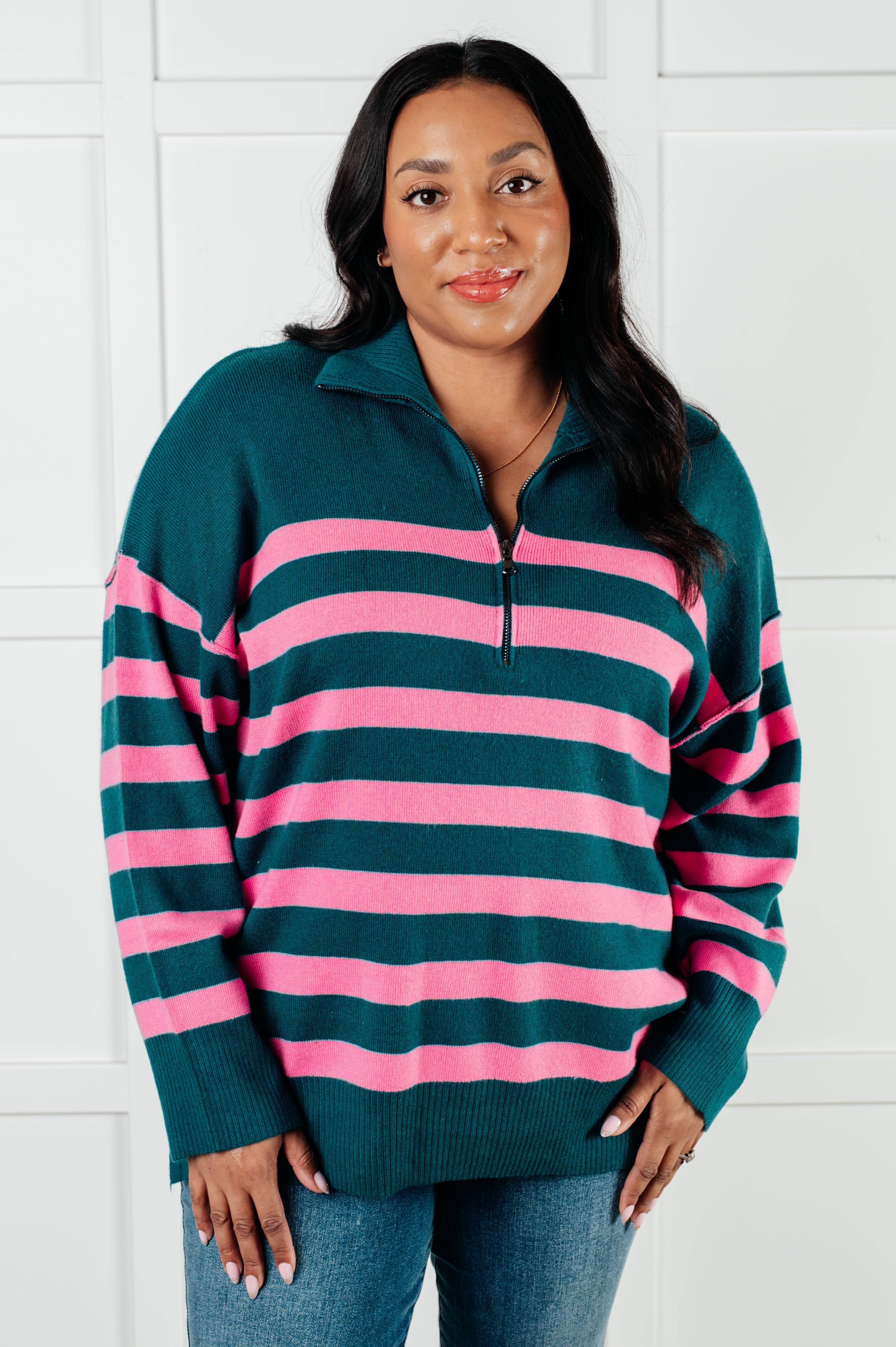 One Eleven North Well Situated Striped Quarter Zip Sweater in Green and Pink Shirts & Tops