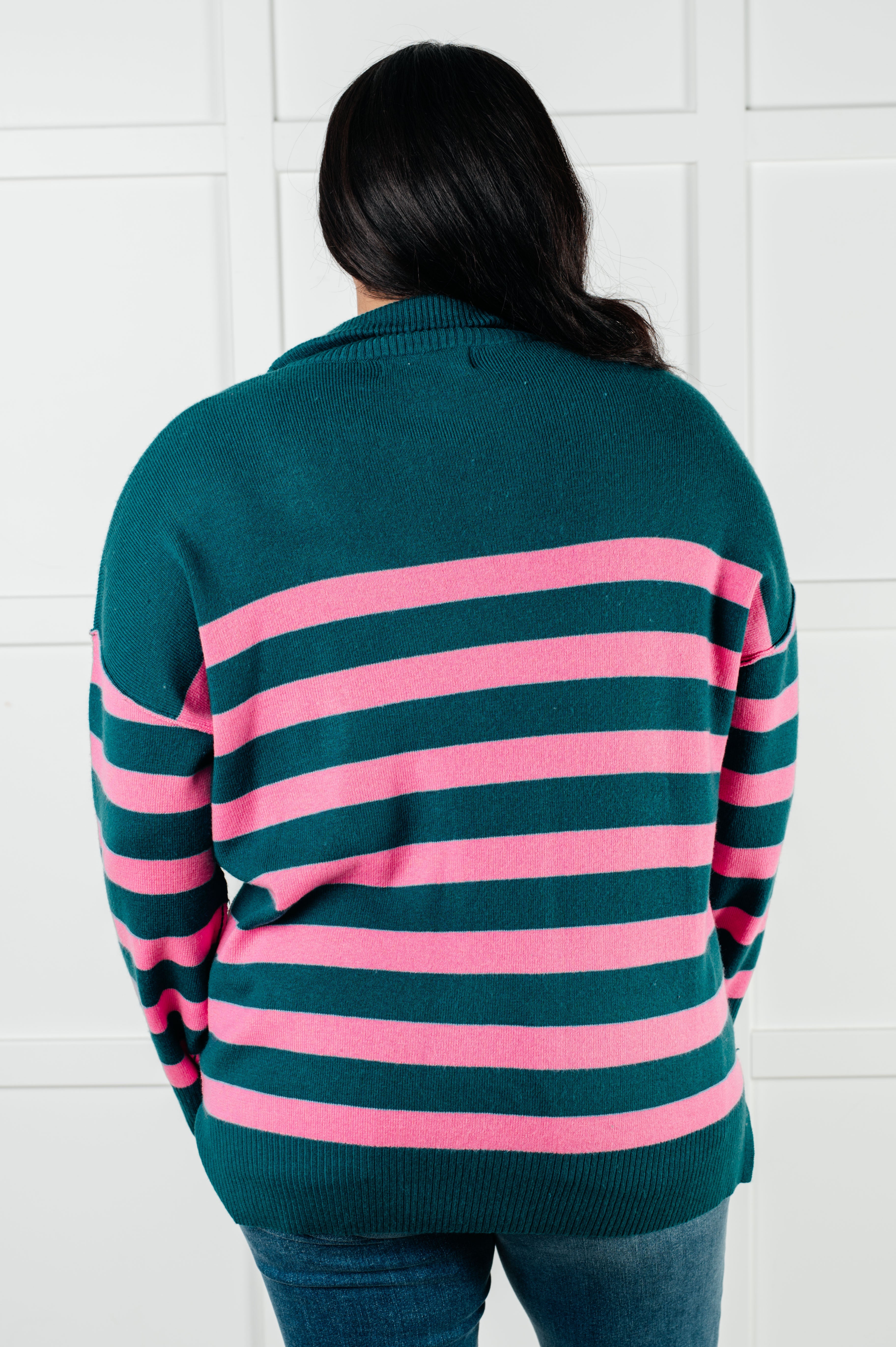 One Eleven North Well Situated Striped Quarter Zip Sweater in Green and Pink Shirts & Tops