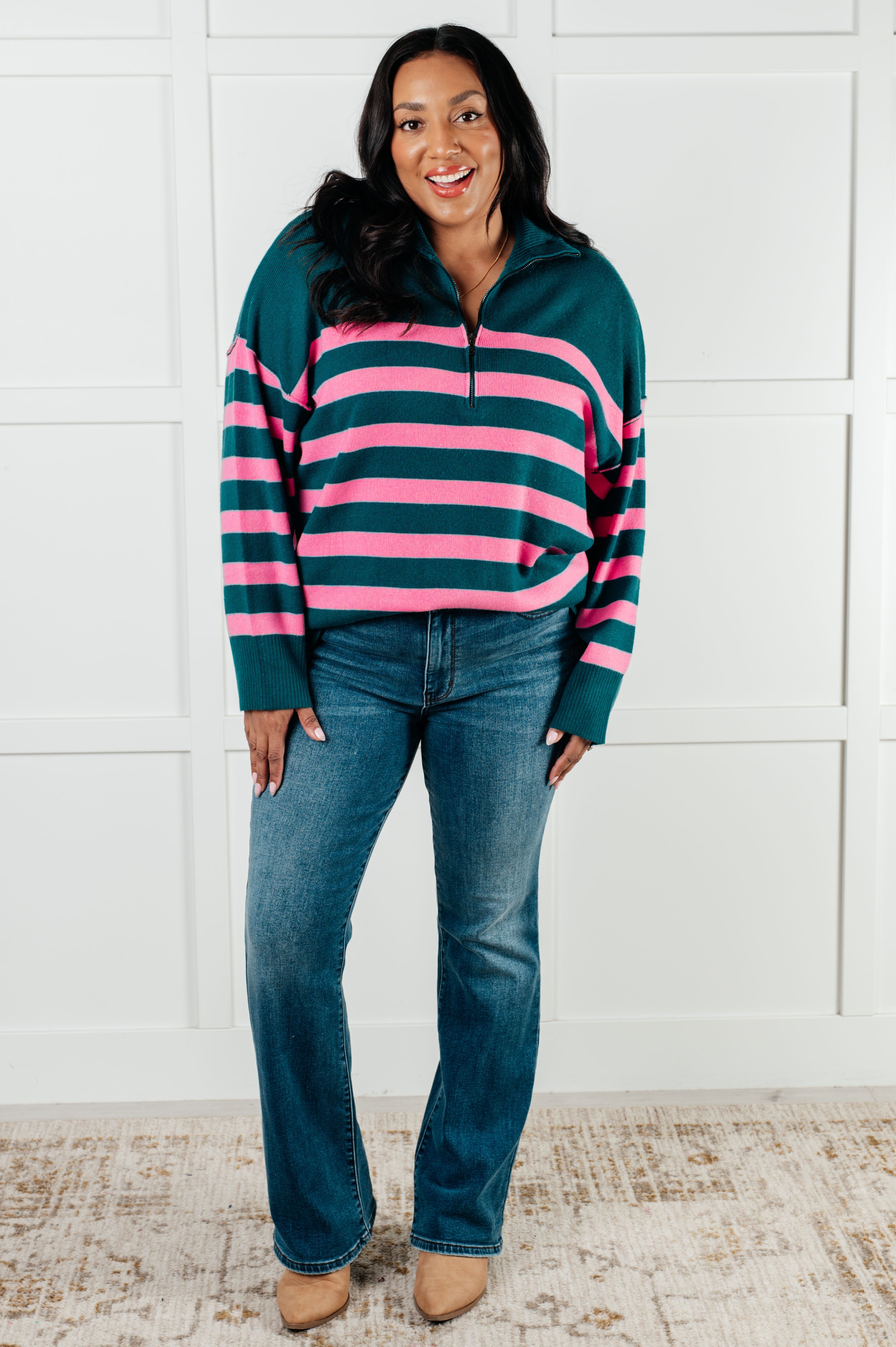 One Eleven North Well Situated Striped Quarter Zip Sweater in Green and Pink Shirts & Tops