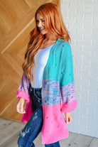 BiBi Turquoise & Pink Pompom When We're Grooving Open Front Cardigan 3XL Ave Shops