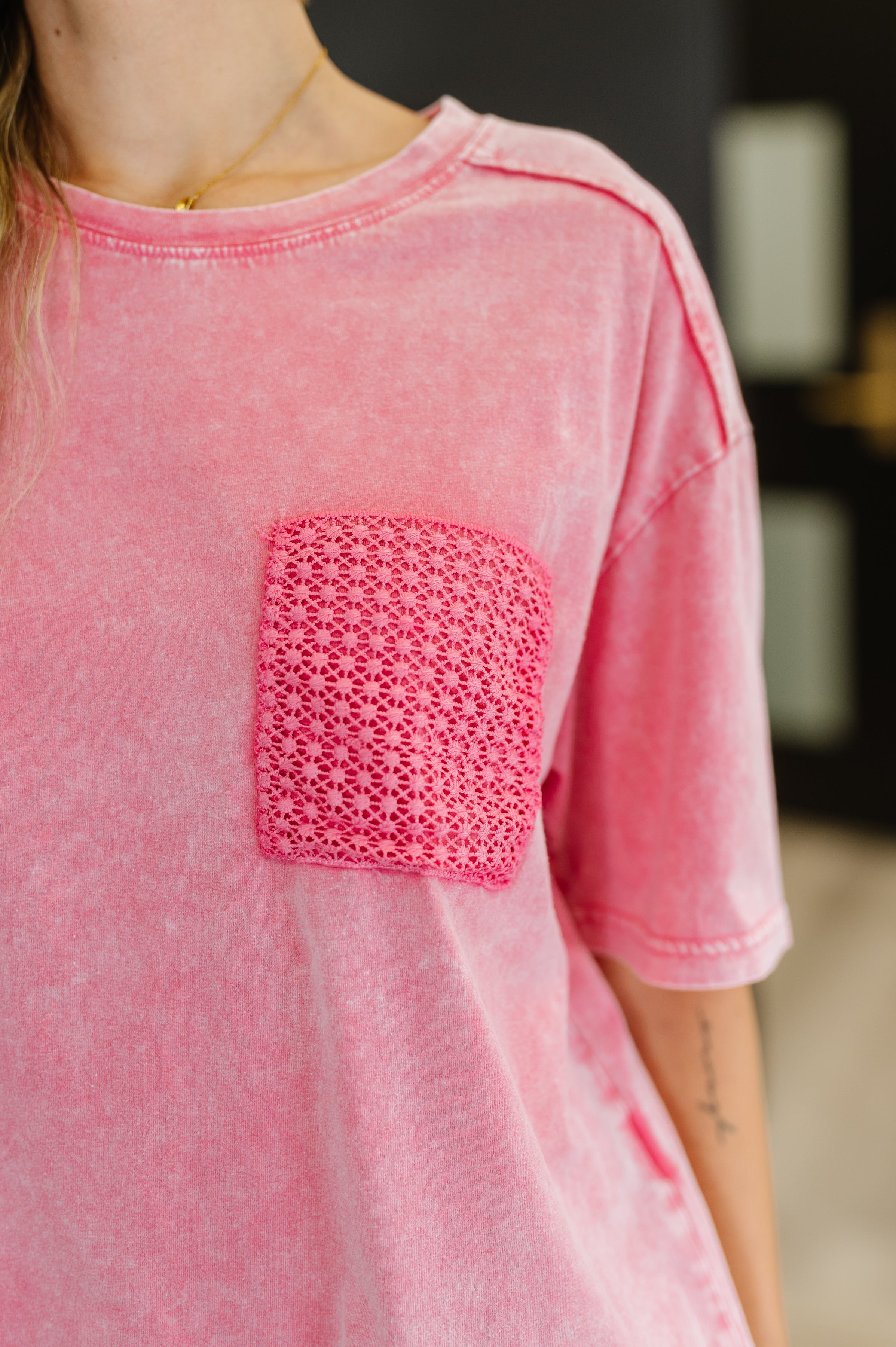 One Eleven North Who's That Girl Crochet Pocket T-Shirt Womens