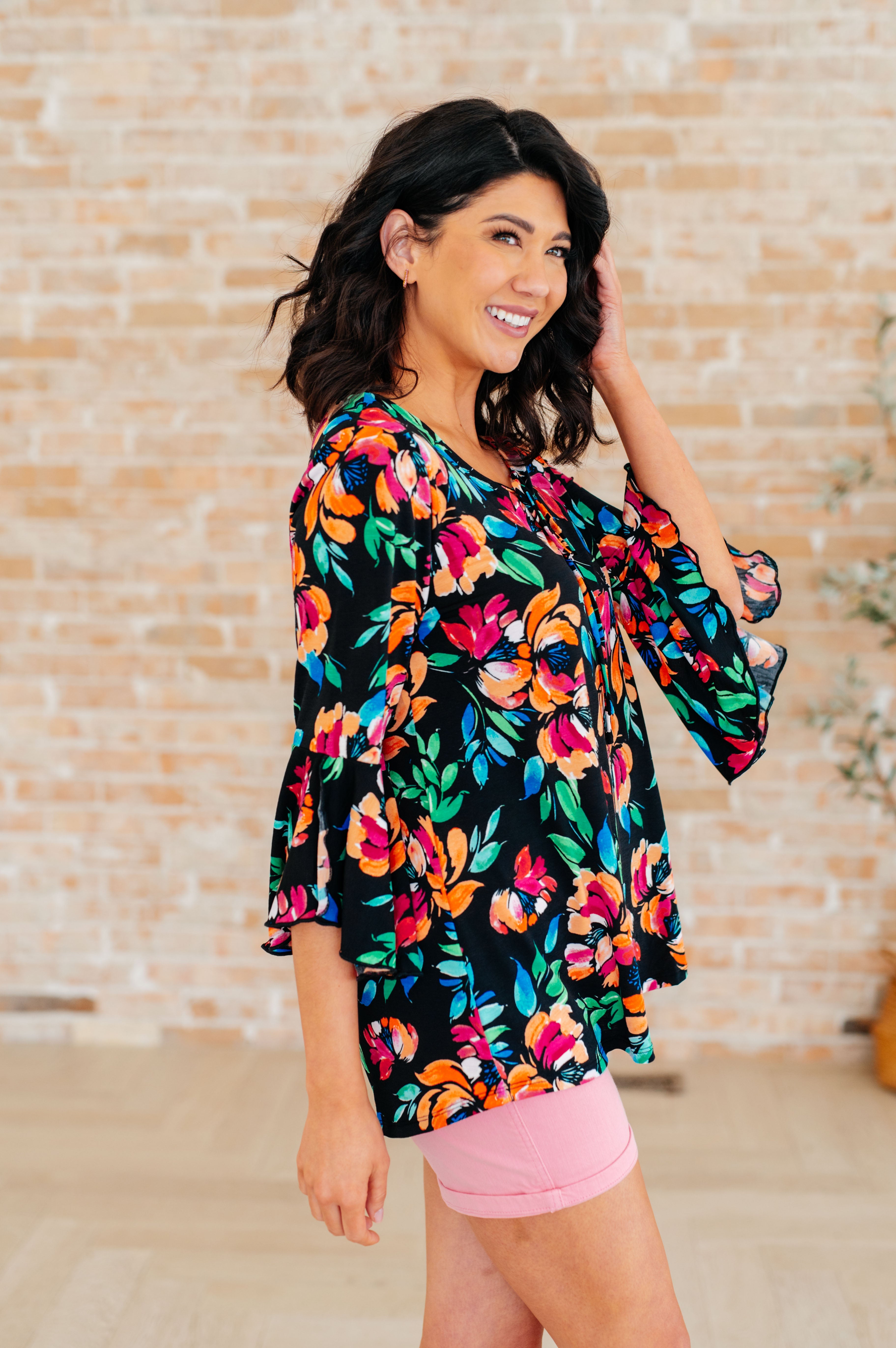 Dear Scarlett Willow Bell Sleeve Top in Black and Emerald Floral Ave Shops