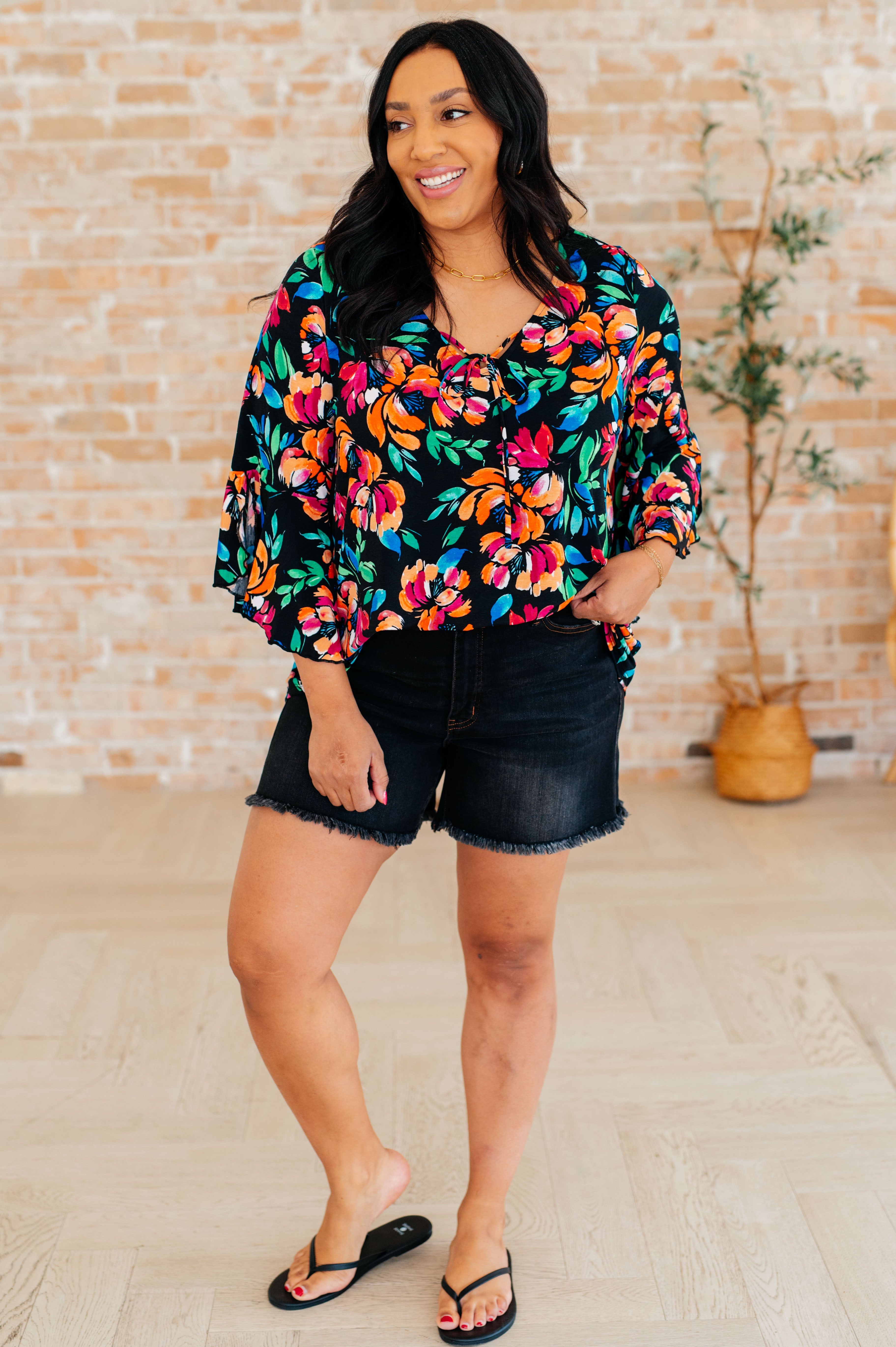 Dear Scarlett Willow Bell Sleeve Top in Black and Emerald Floral Ave Shops