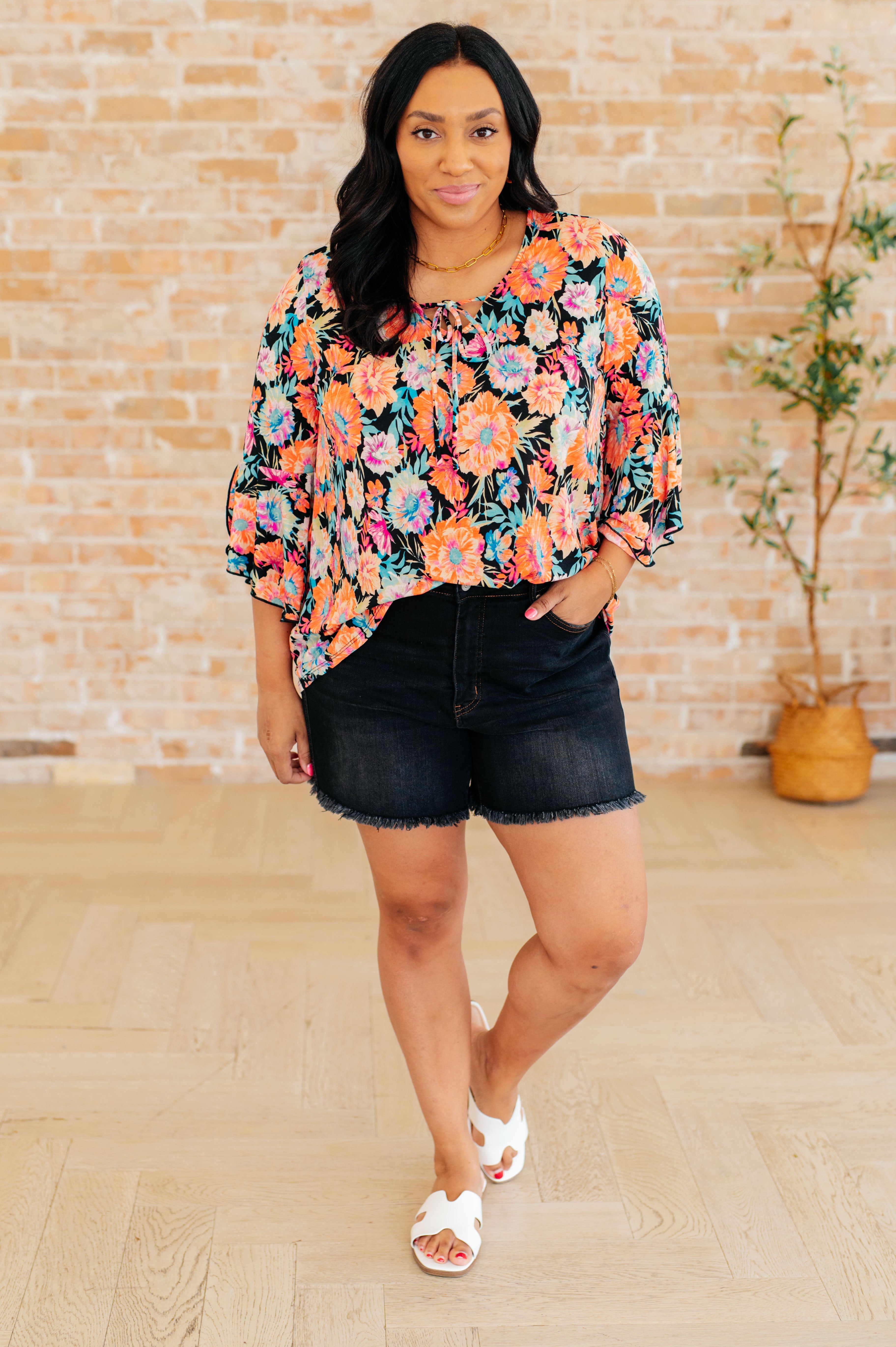 Dear Scarlett Willow Bell Sleeve Top in Black and Persimmon Floral Ave Shops