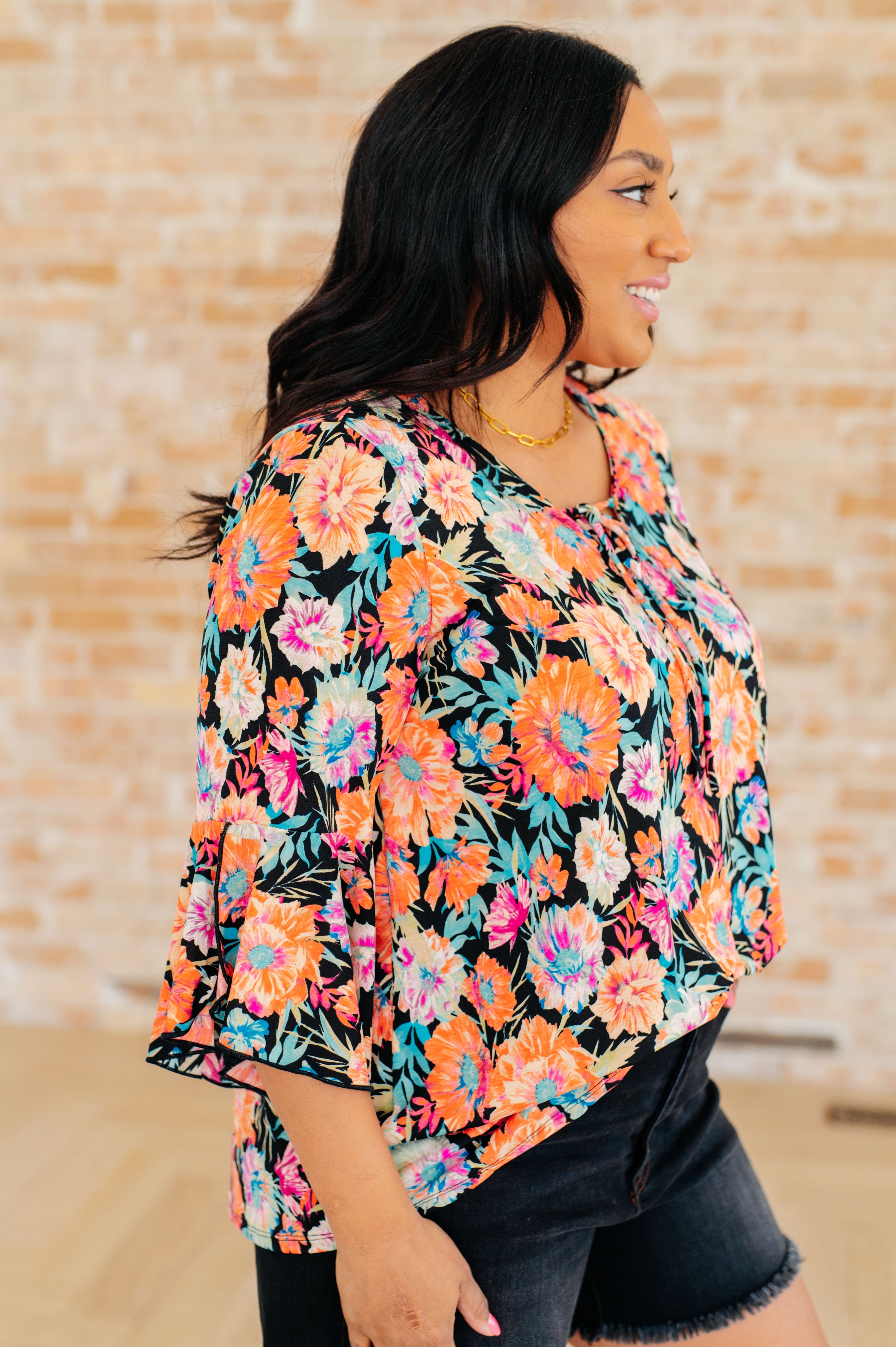 Dear Scarlett Willow Bell Sleeve Top in Black and Persimmon Floral Ave Shops