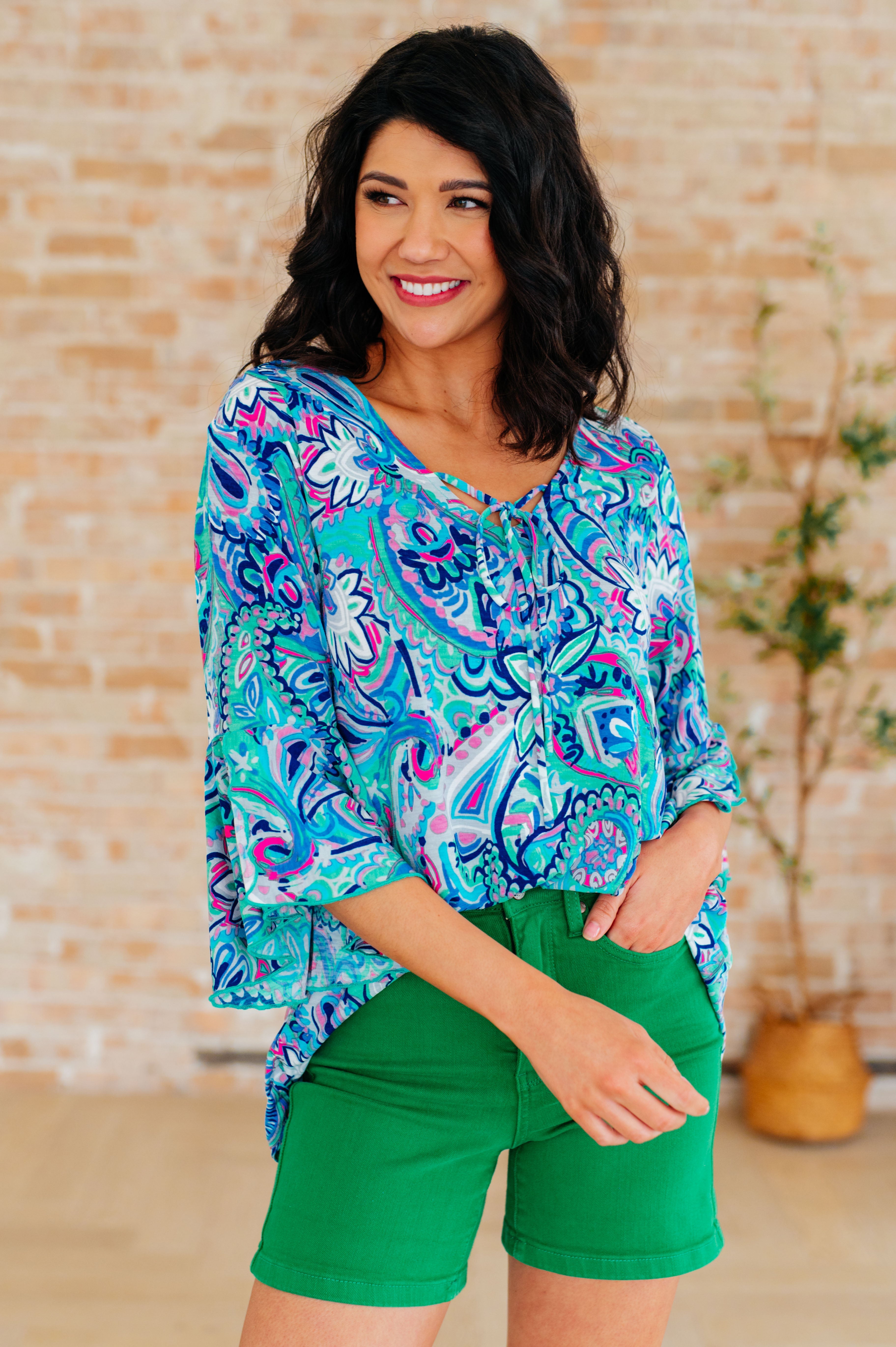 Dear Scarlett Willow Bell Sleeve Top in Emerald and Royal Paisley Ave Shops