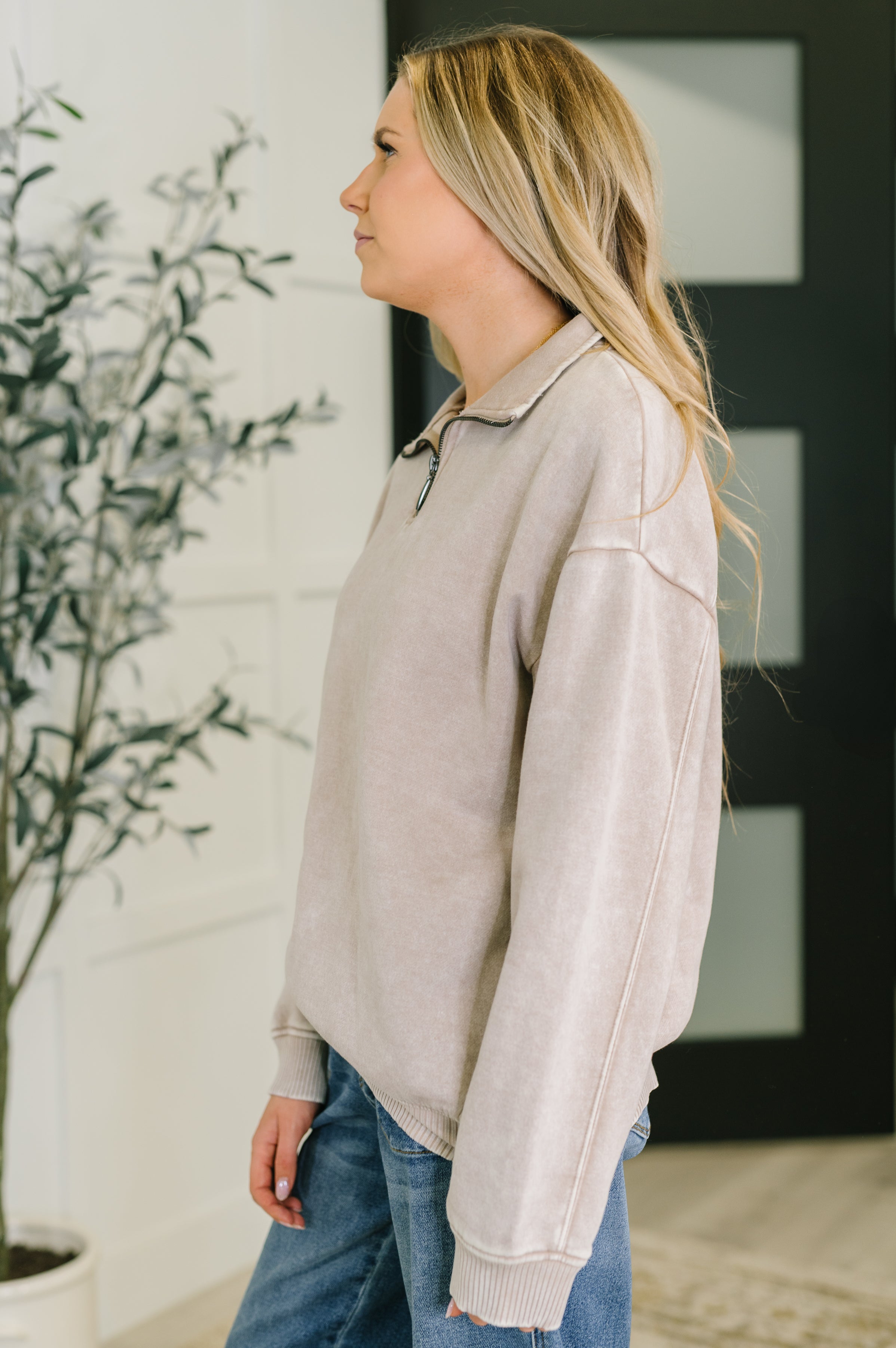 Zenana Washed You Should Know Half Zip Pullover in Ash Mocha Womens