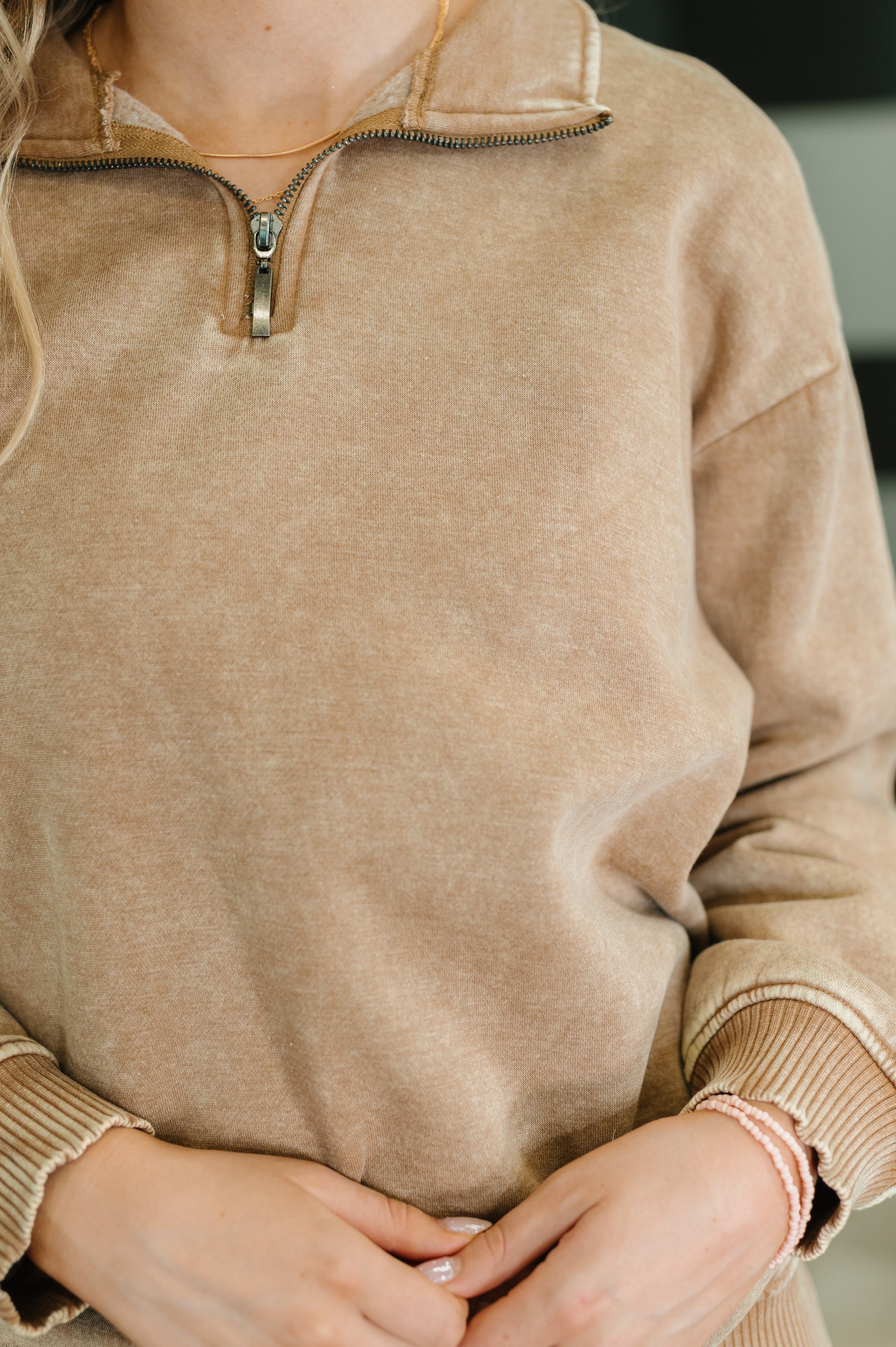 Zenana Washed You Should Know Half Zip Pullover in Deep Camel Womens
