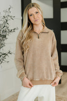 Zenana Washed You Should Know Half Zip Pullover in Deep Camel Womens
