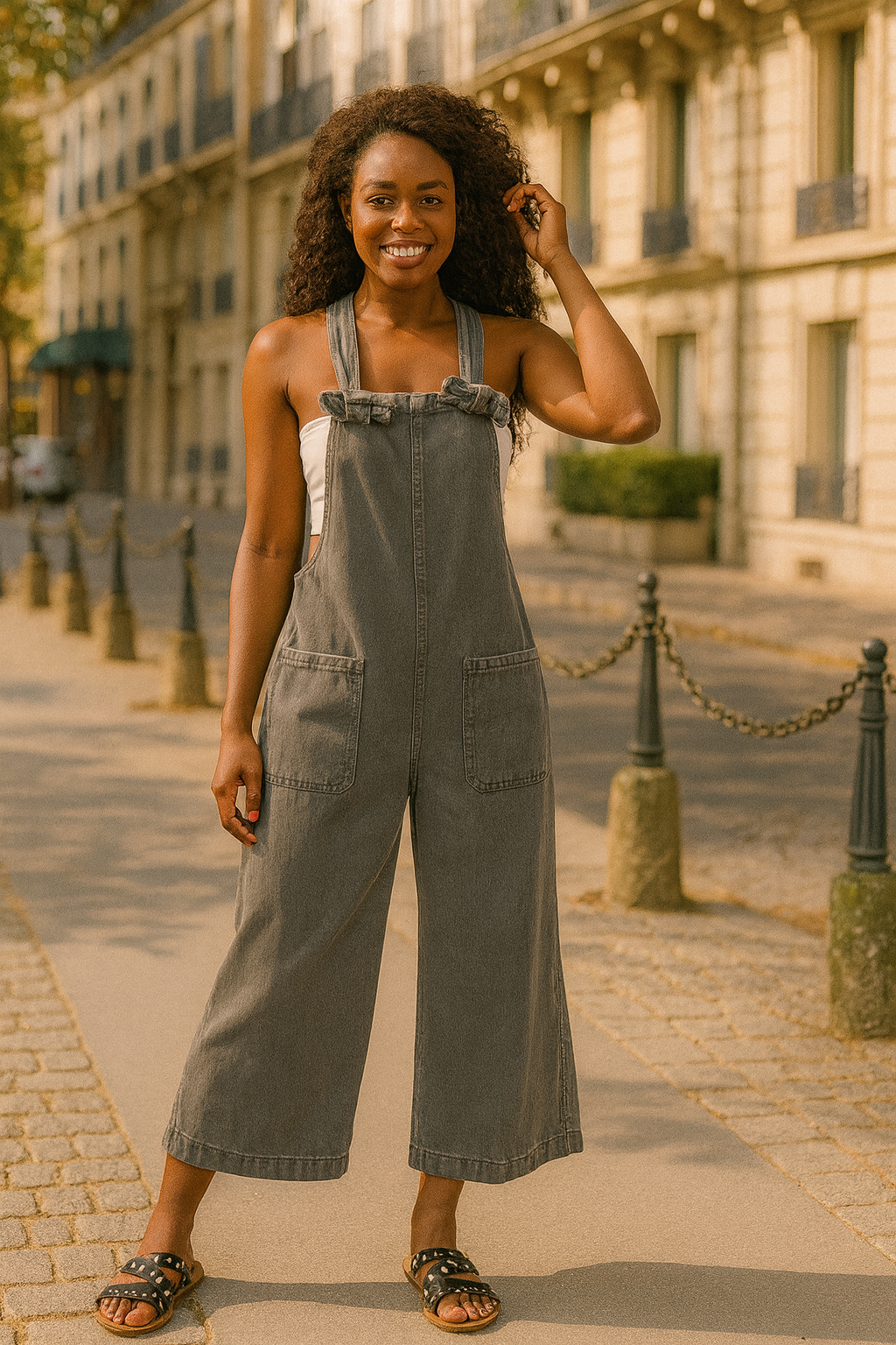 Zenana Ash Black Washed Knot Strap Pockets Jumpsuit ASH BLACK