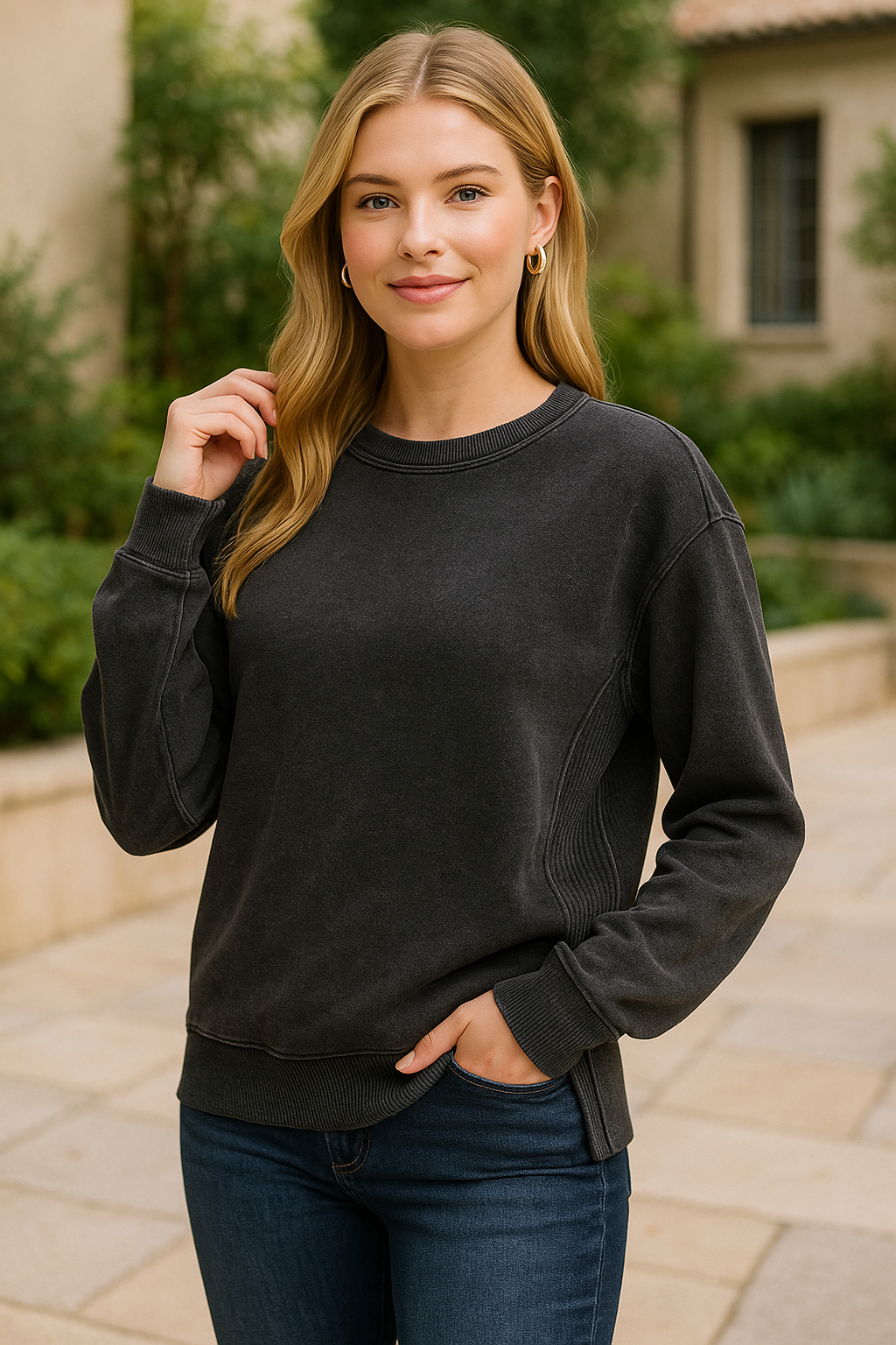 Zenana Black Acid Washed Fleece Sweatshirt with Side Rib BLACK