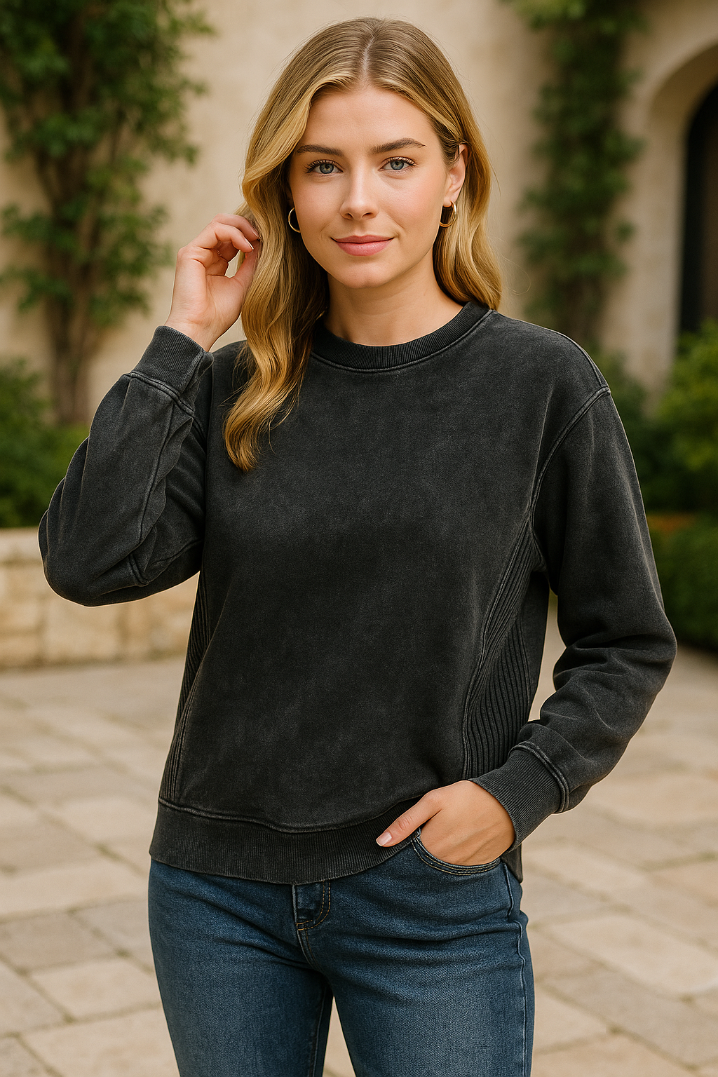 Zenana Black Acid Washed Fleece Sweatshirt with Side Rib