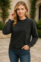 Zenana Black Acid Washed Fleece Sweatshirt with Side Rib